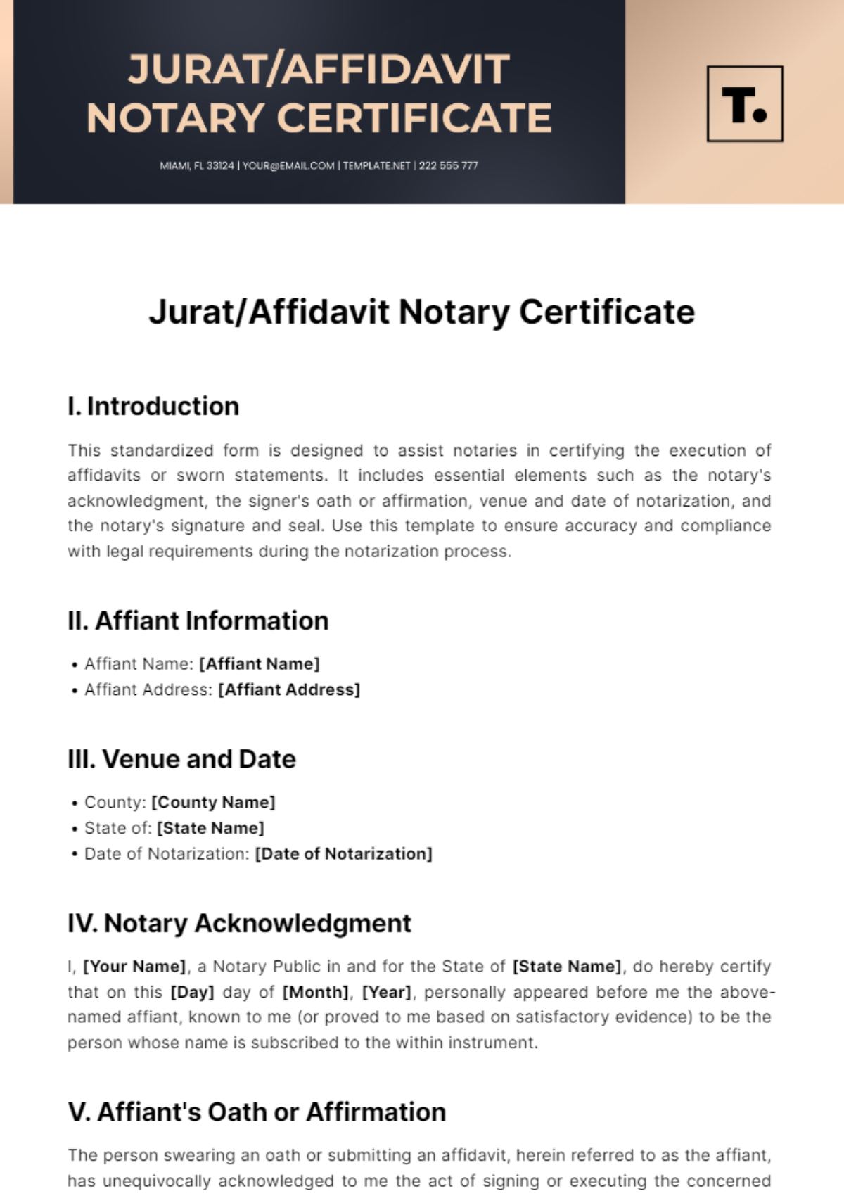 Free Jurat/Affidavit Notary Certificate Template