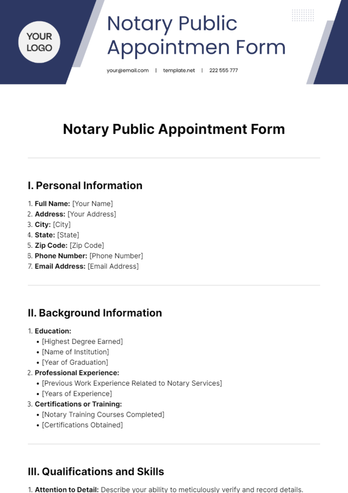 Free Notary Public Appointment Form Template