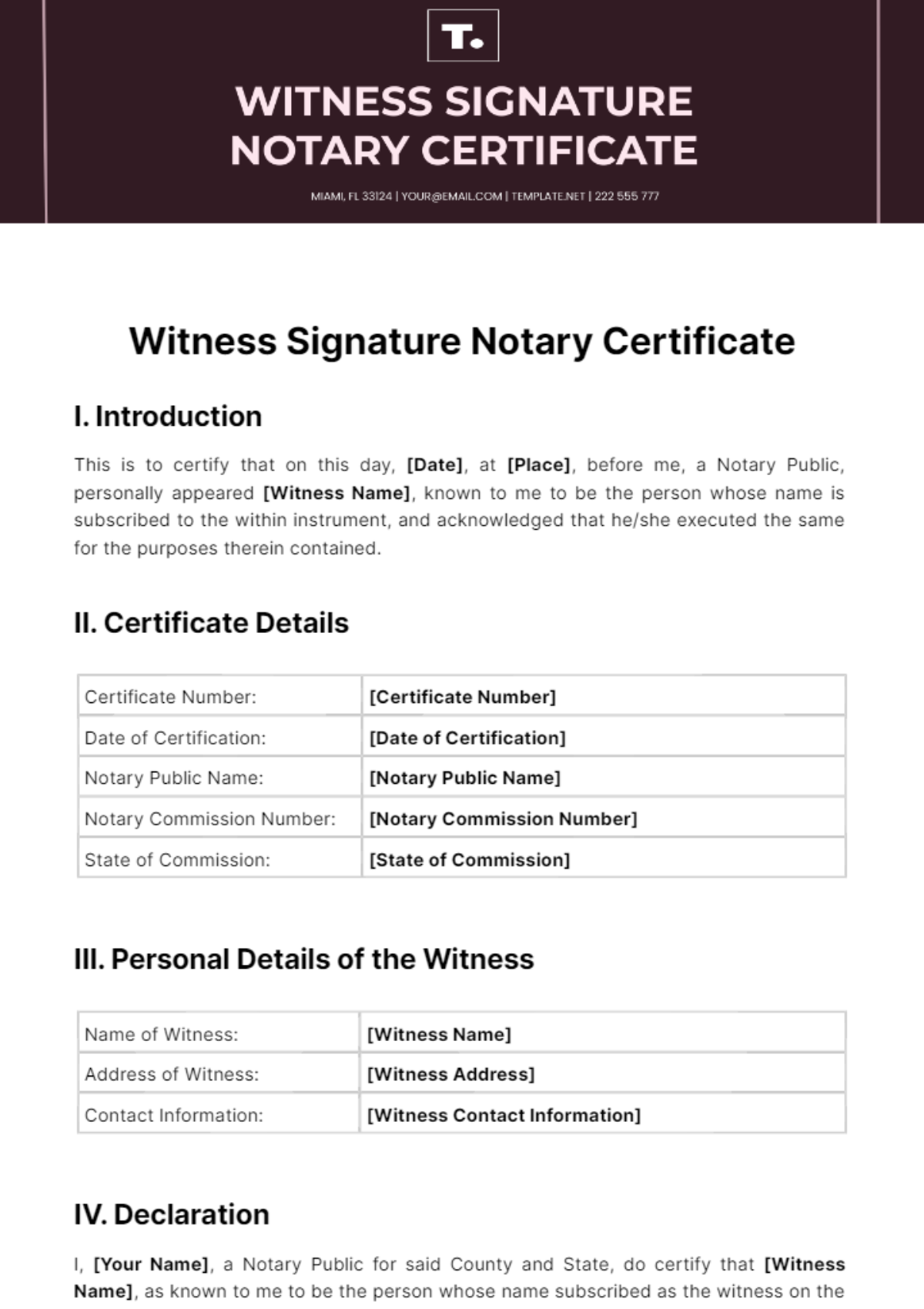 Free Witness Signature Notary Certificate Template