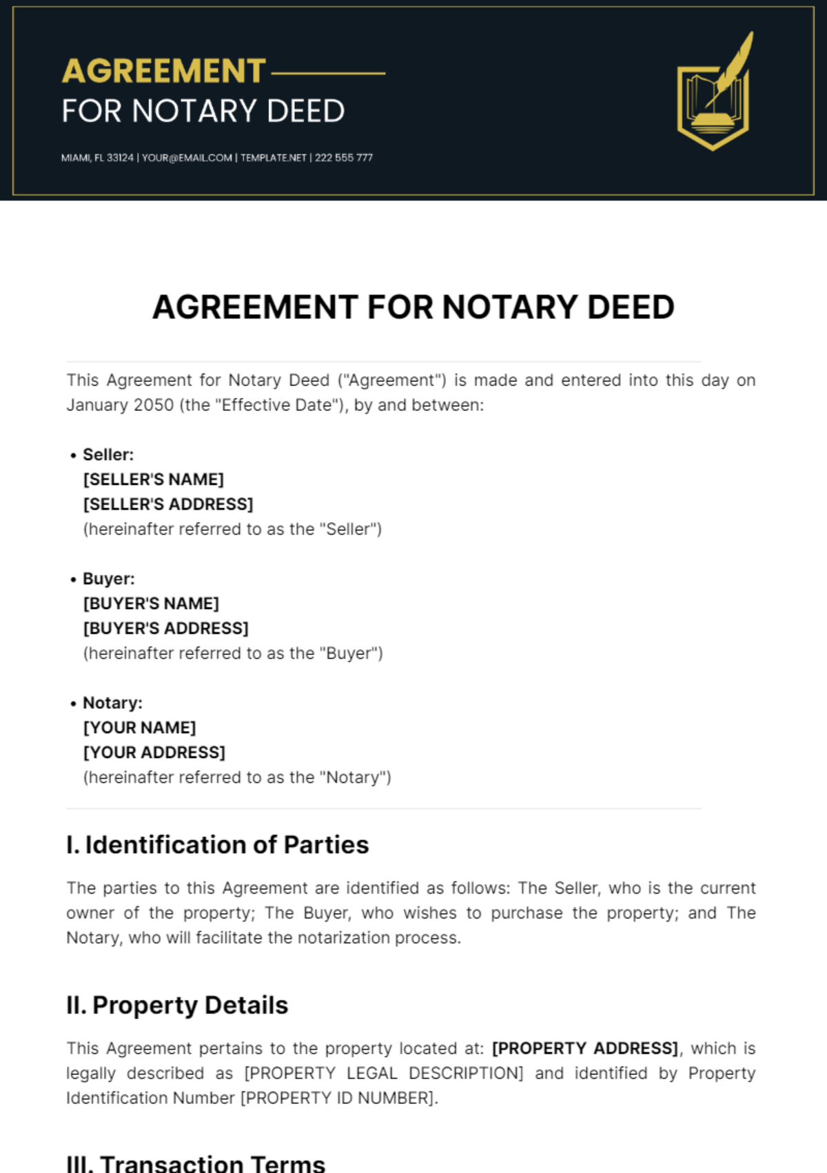 Free Agreement For Notary Deed Template