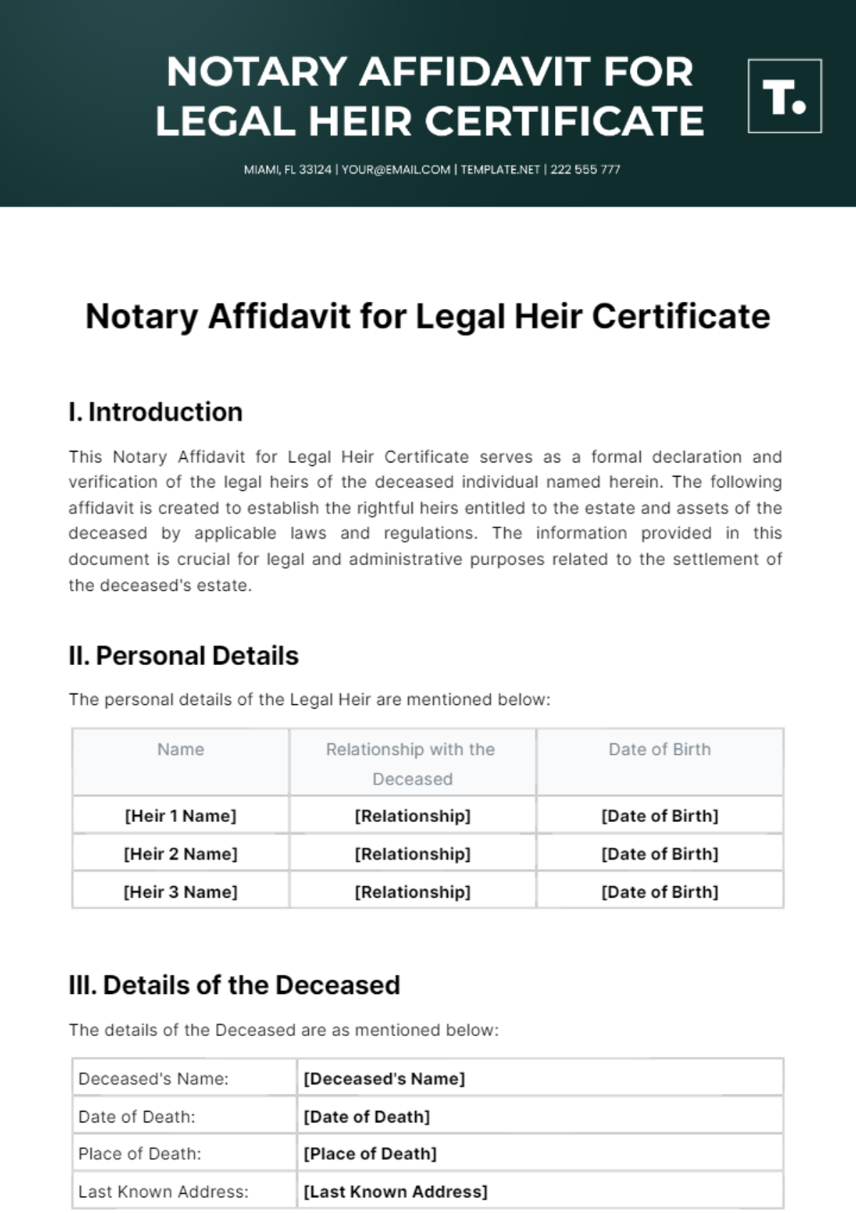 Free Notary Affidavit For Legal Heir Certificate Template