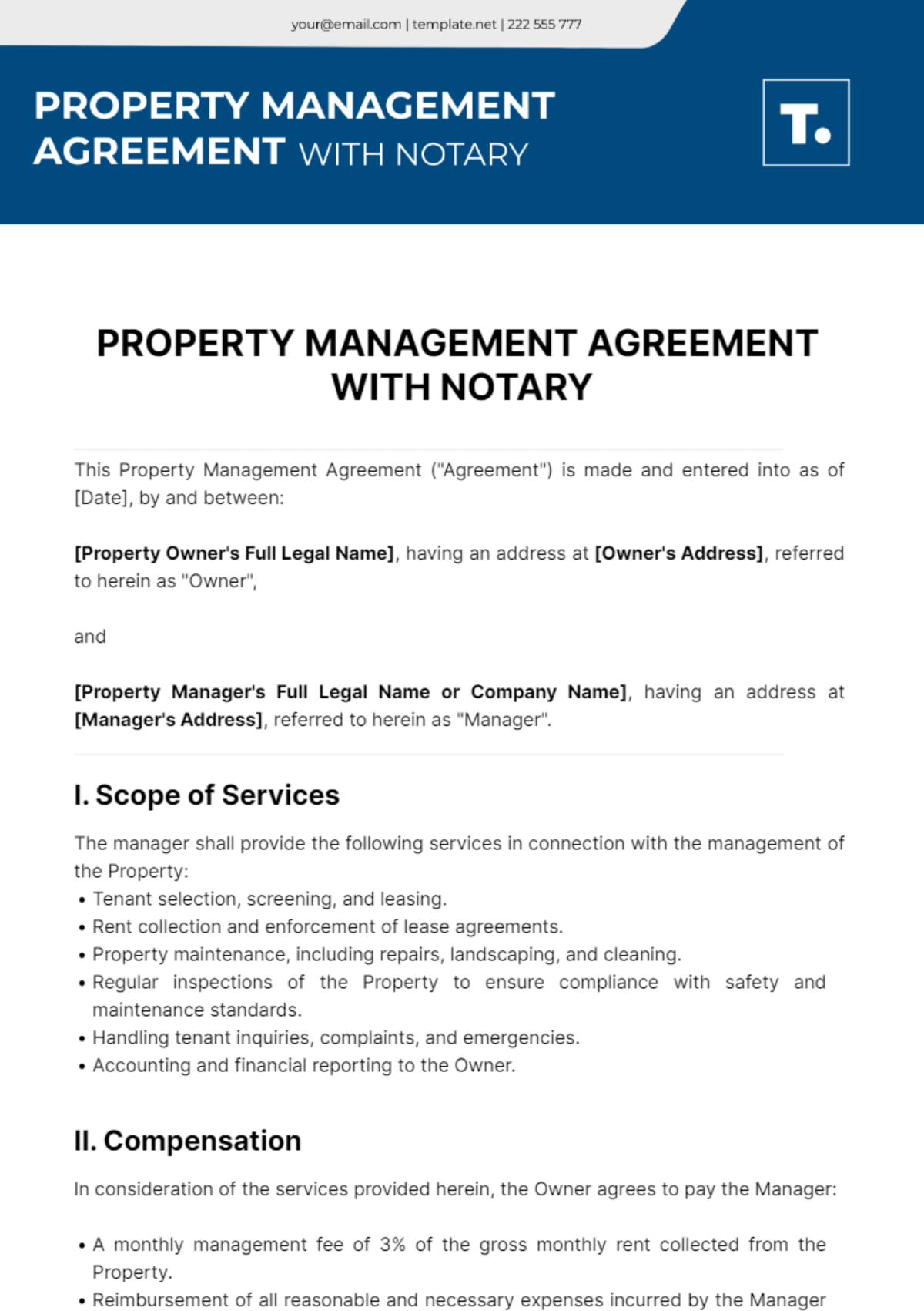 Free Property Management Agreement With Notary Template