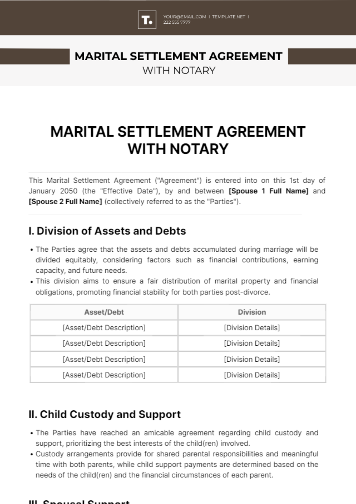 Free Marital Settlement Agreement With Notary Template