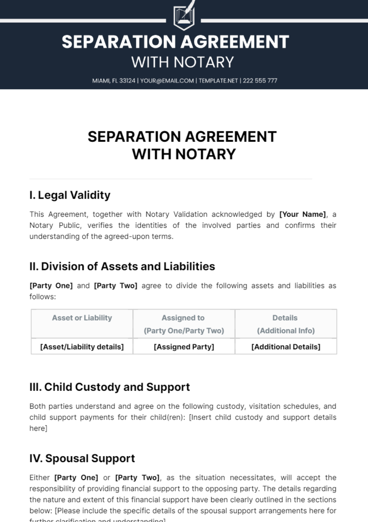 Free Separation Agreement With Notary Template