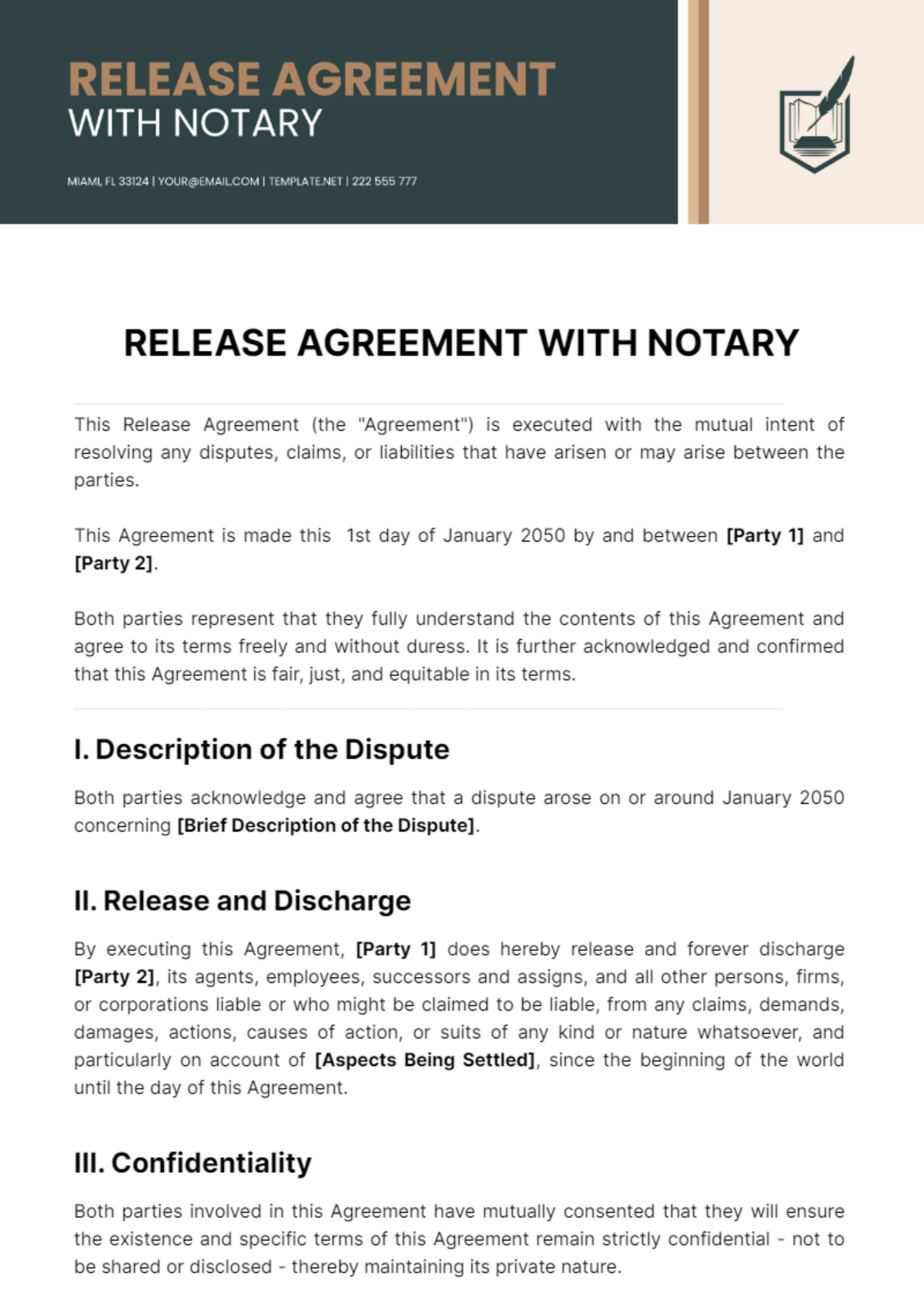 Free Release Agreement With Notary Template