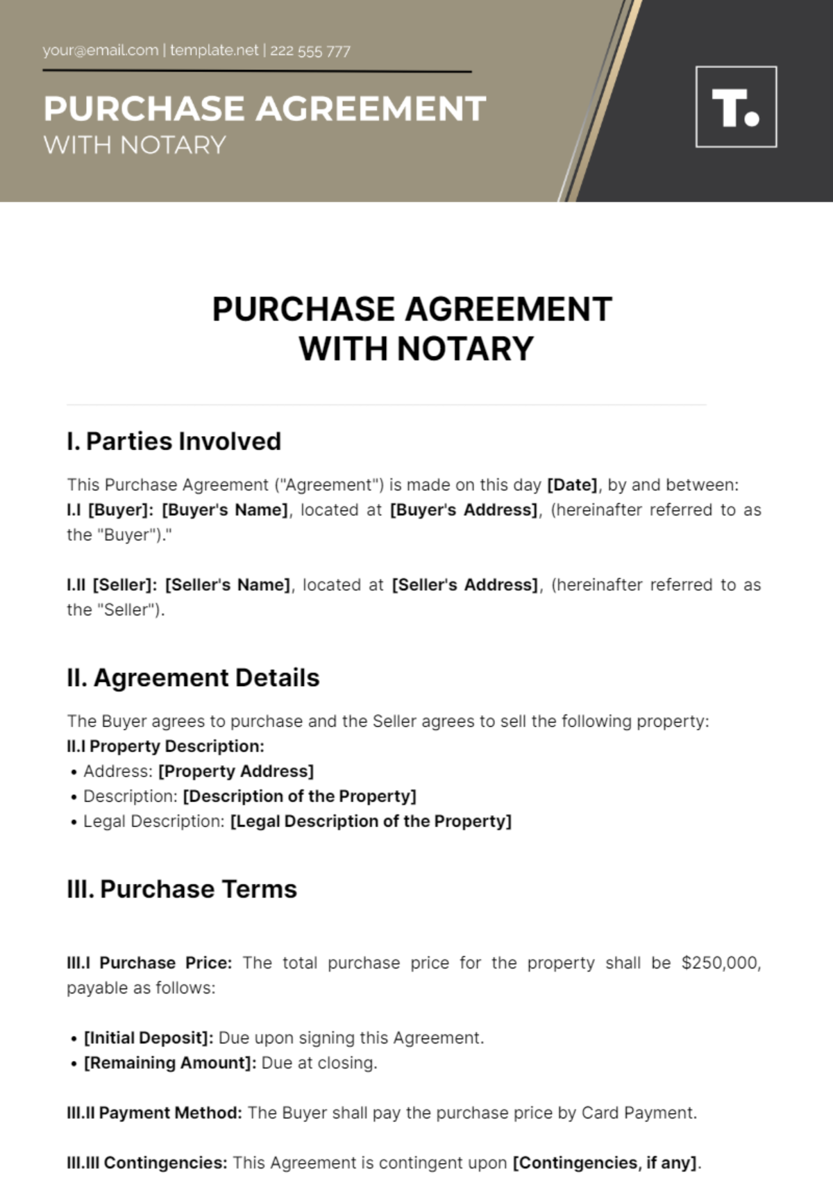 Free Purchase Agreement With Notary Template