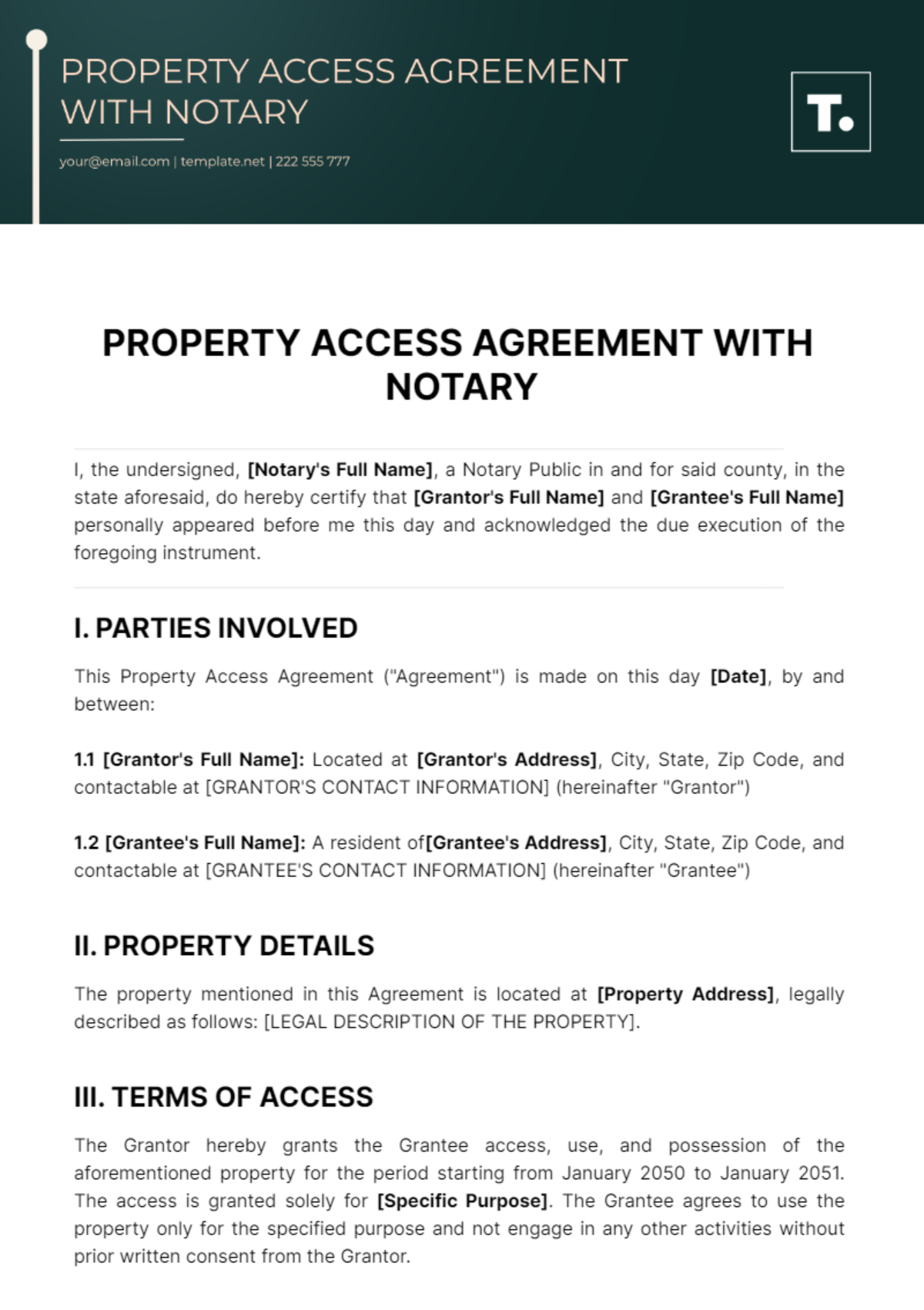 Free Property Access Agreement With Notary Template