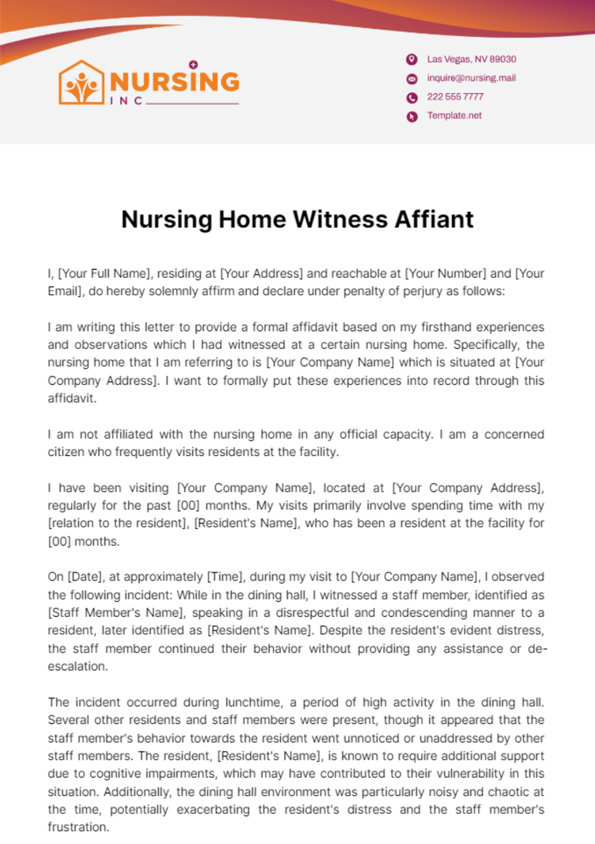 Nursing Home Witness Affidavit Template