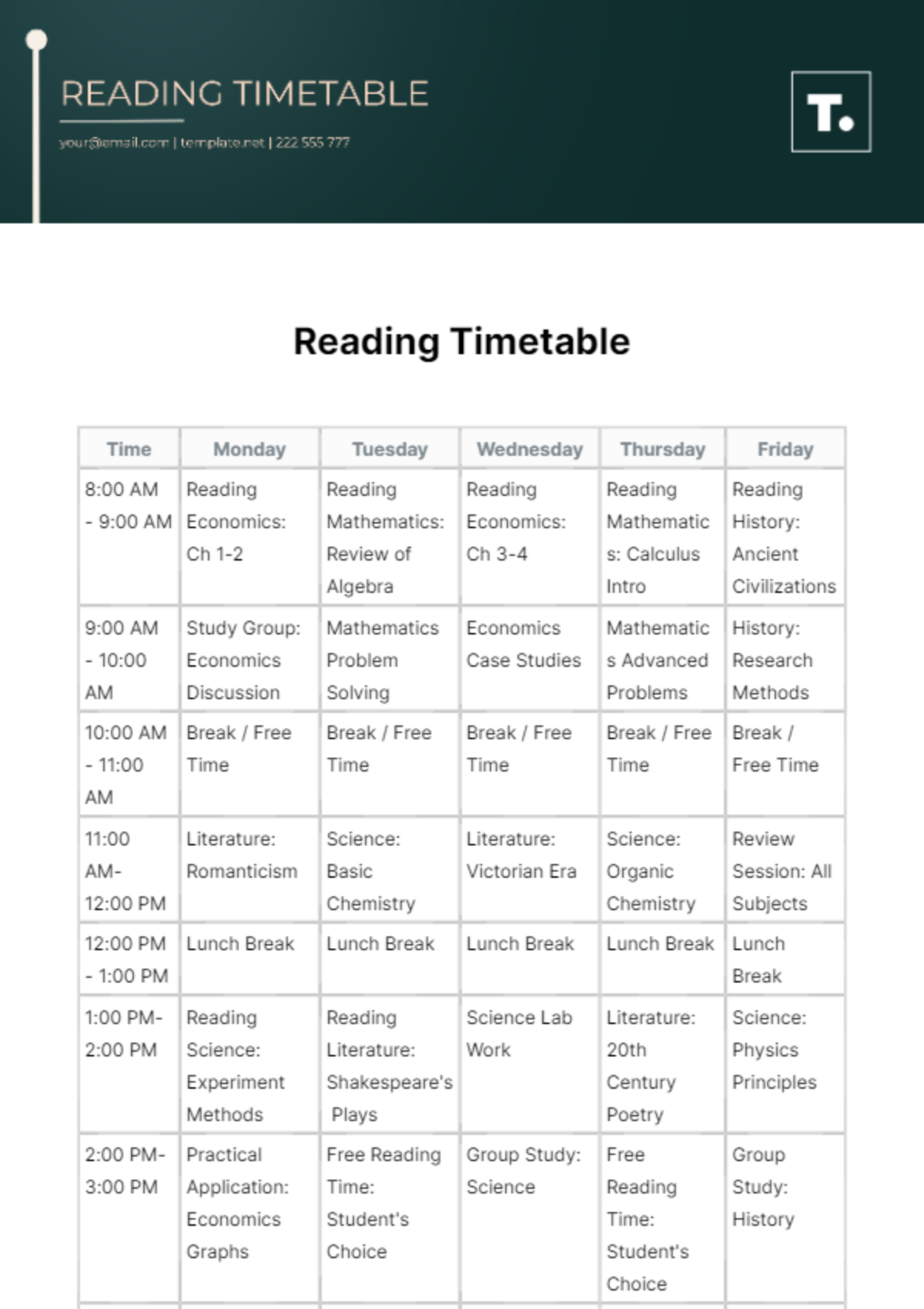 Free Reading Timetable Template