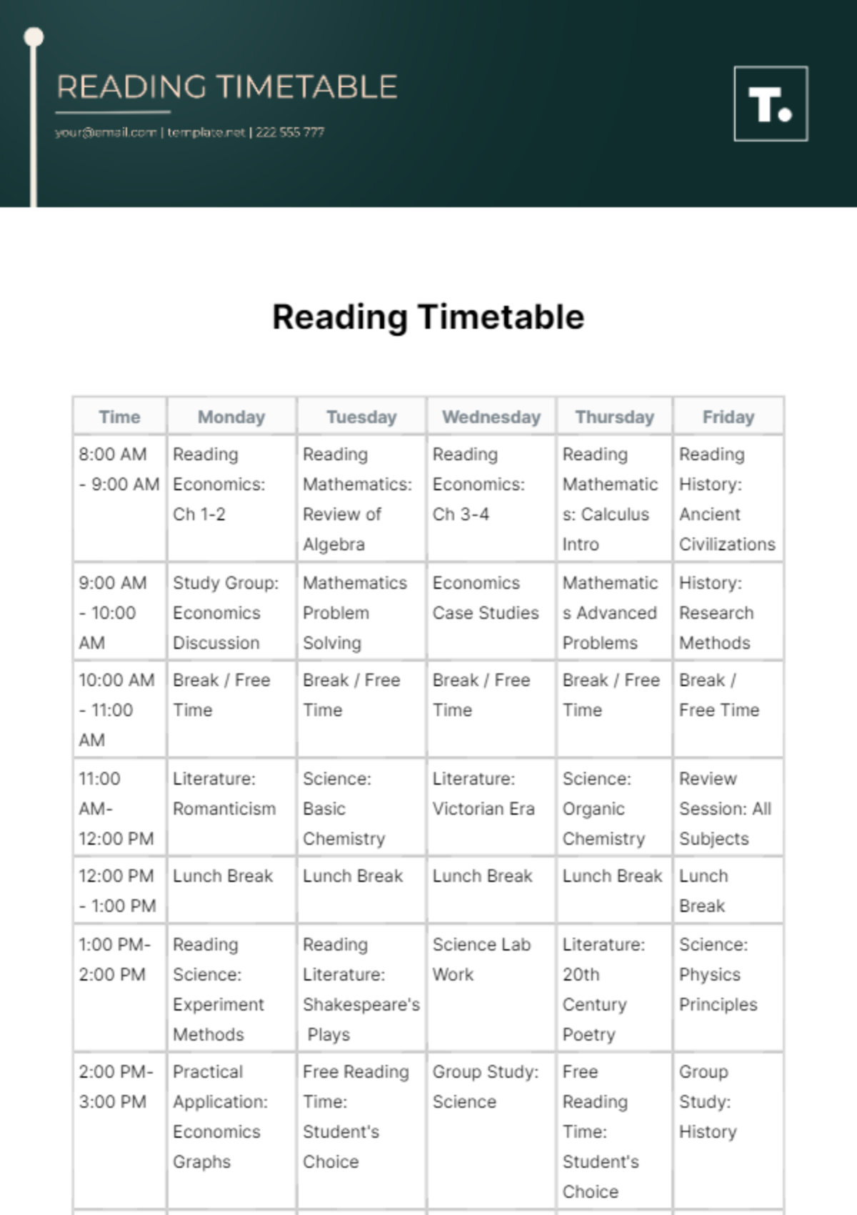 Reading Timetable Template - Edit Online & Download