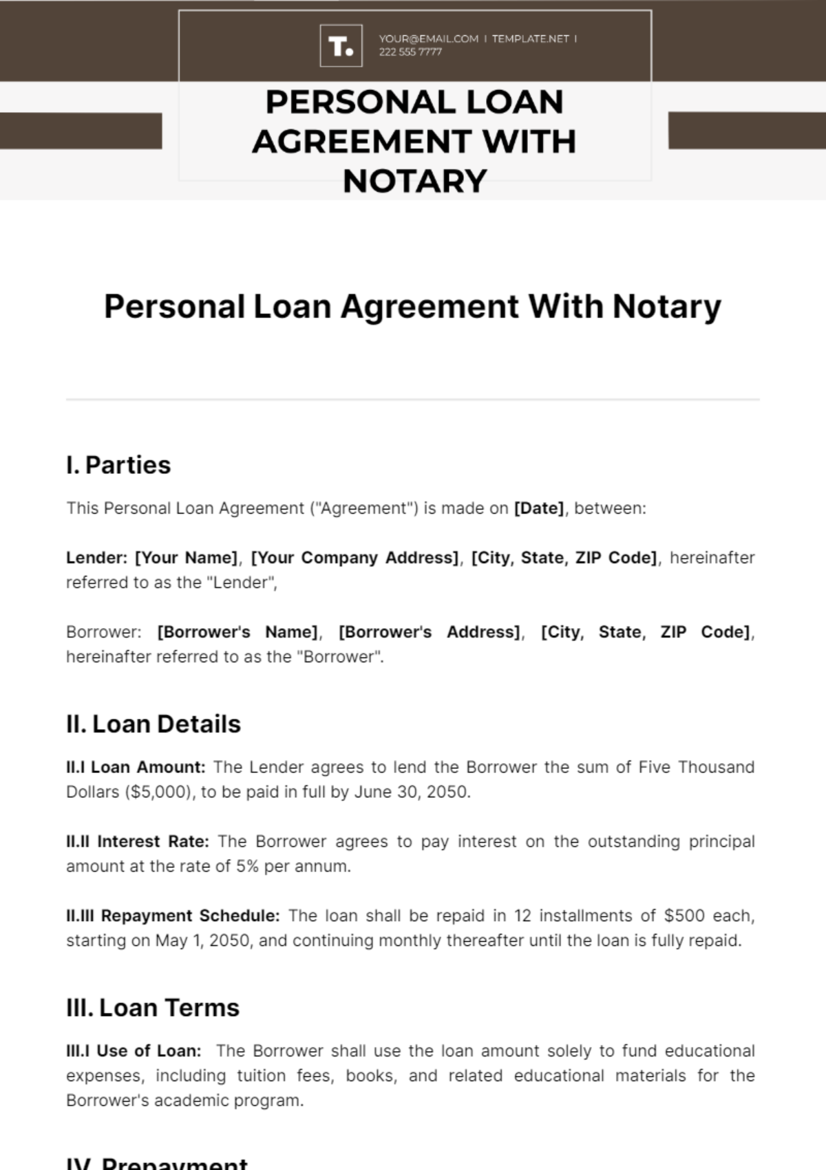 Free Personal Loan Agreement With Notary Template
