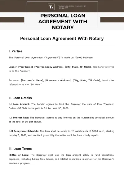 Free Personal Loan Agreement With Notary Template to Edit Online