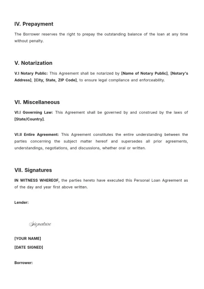 Free Personal Loan Agreement With Notary Template to Edit Online