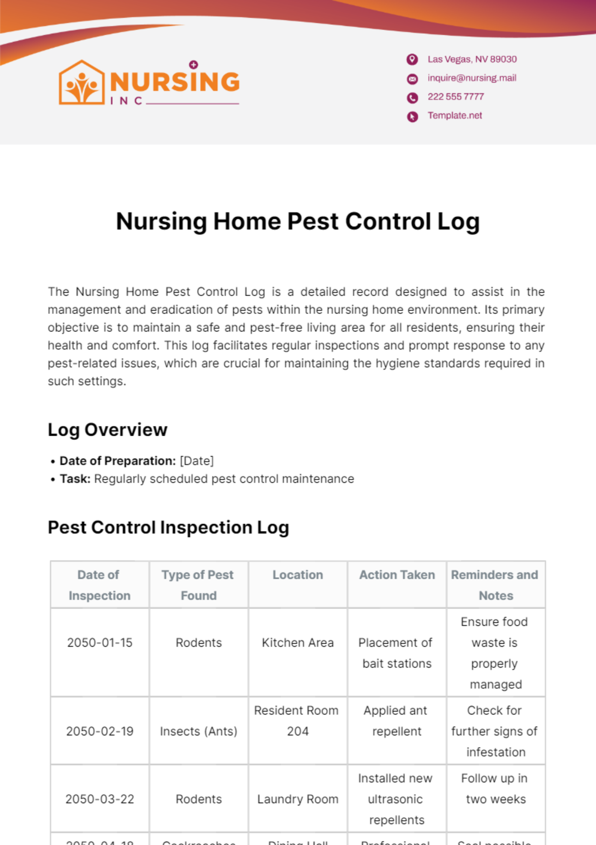 Nursing Home Pest Control Log Template