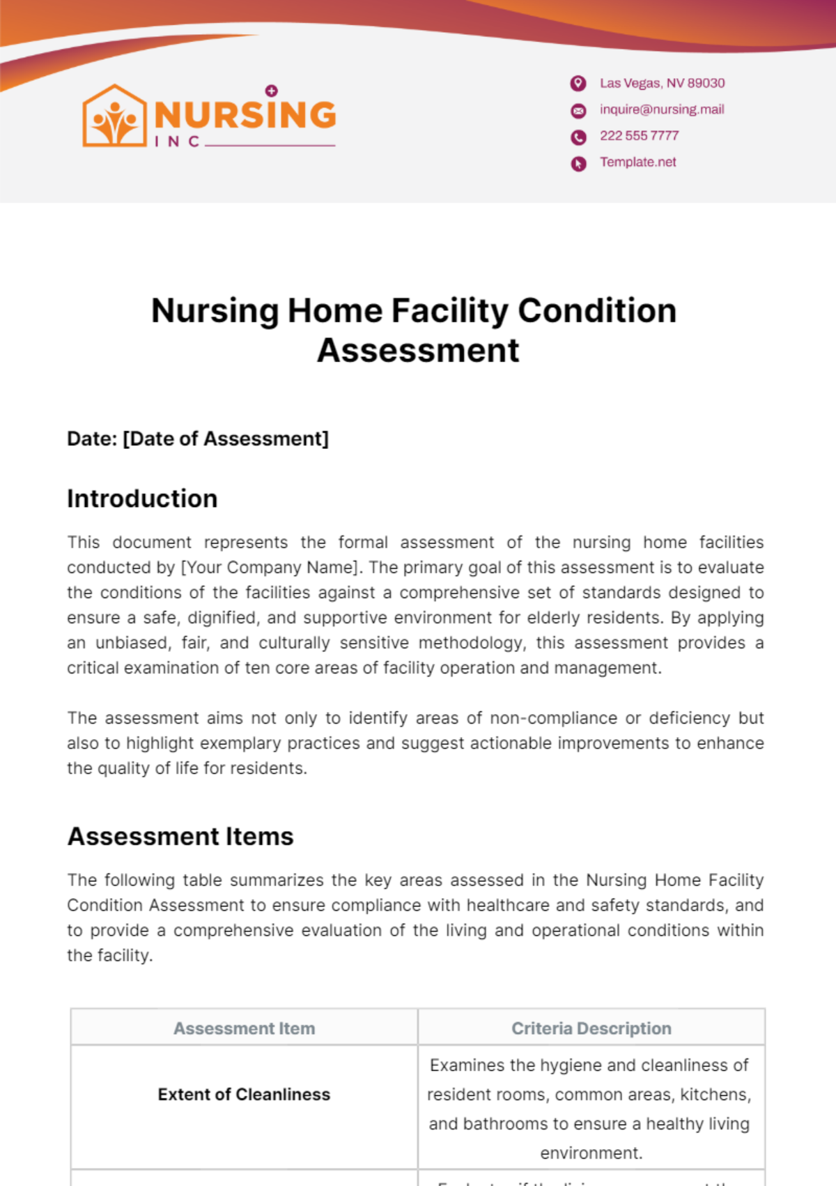Free Nursing Home Facility Condition Assessment Template
