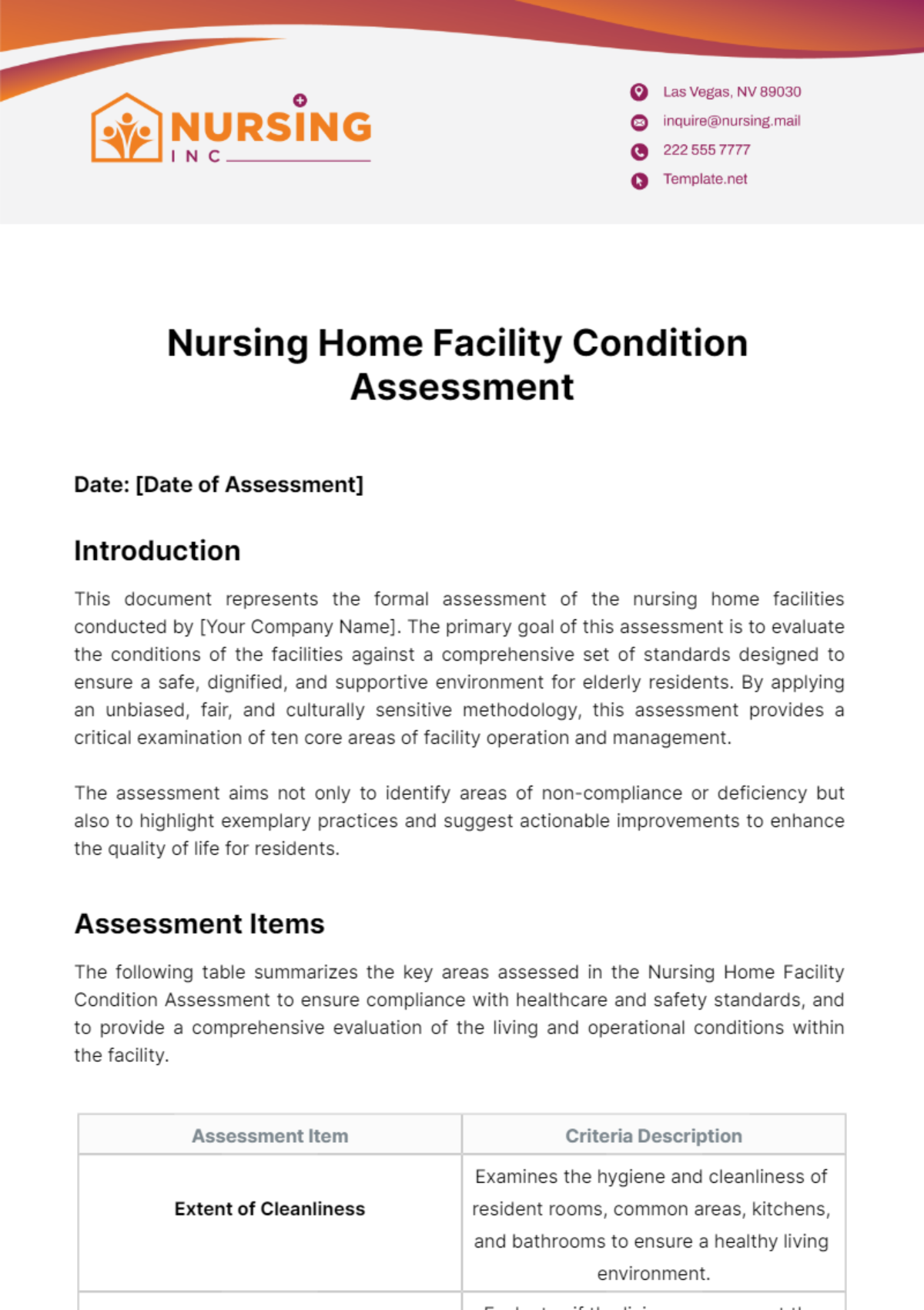 Nursing Home Facility Condition Assessment Template - Edit Online & Download