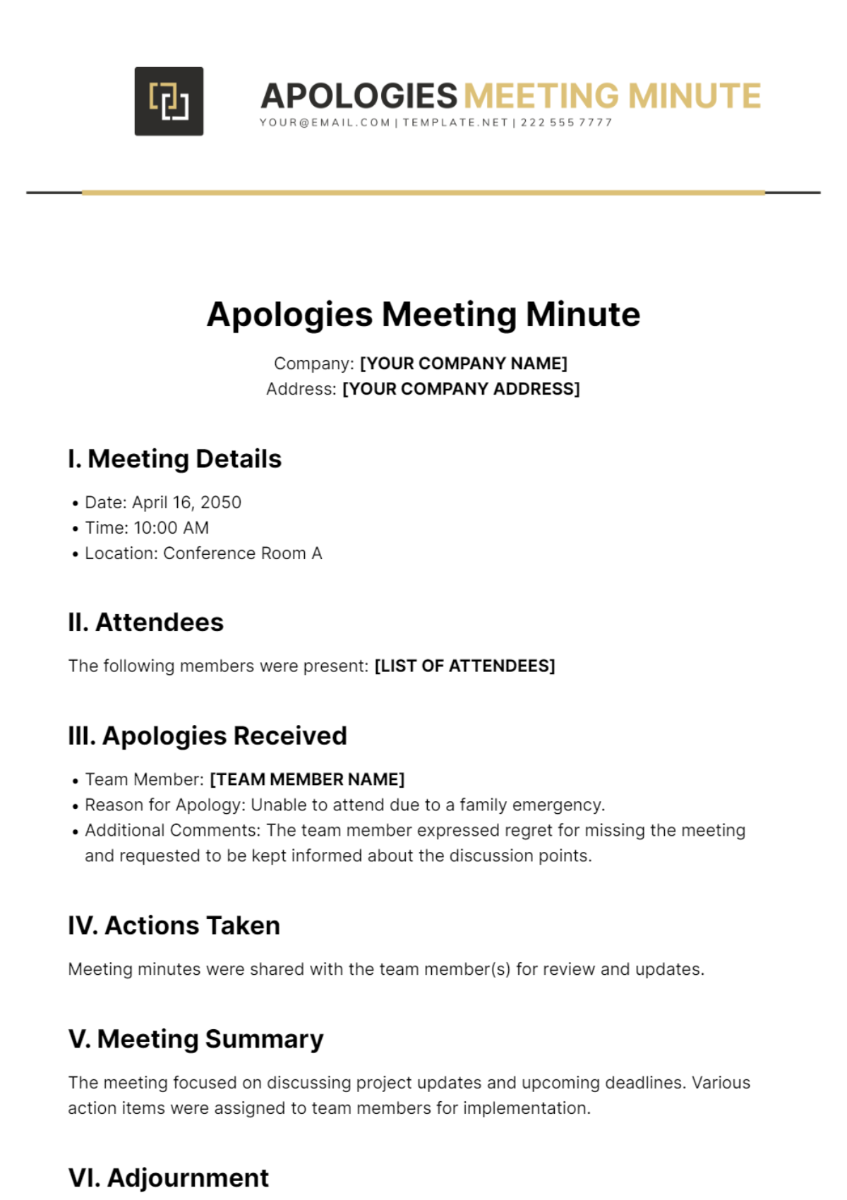 Apologies Meeting Minute Template - Edit Online & Download