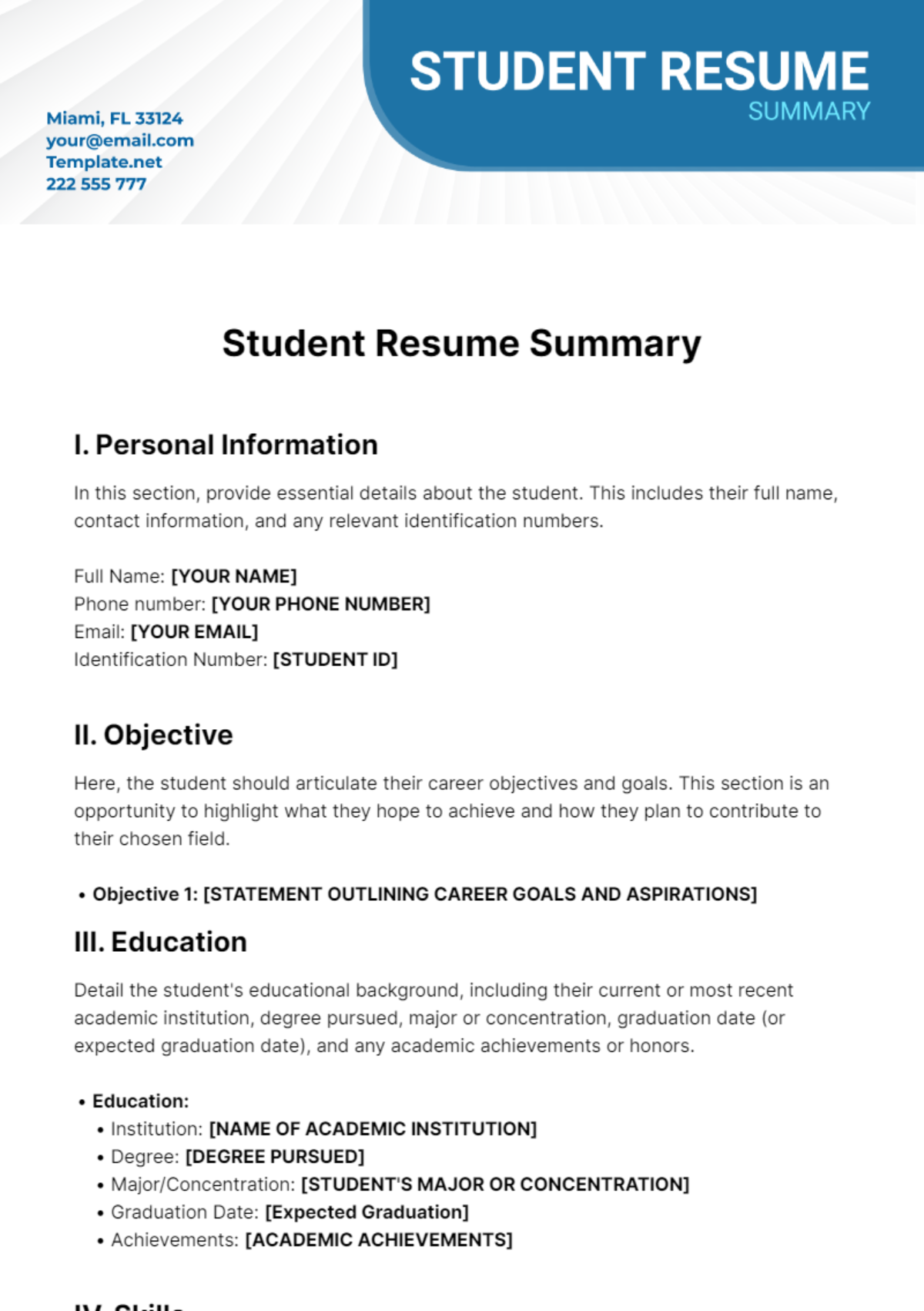 Free Student Resume Summary Template