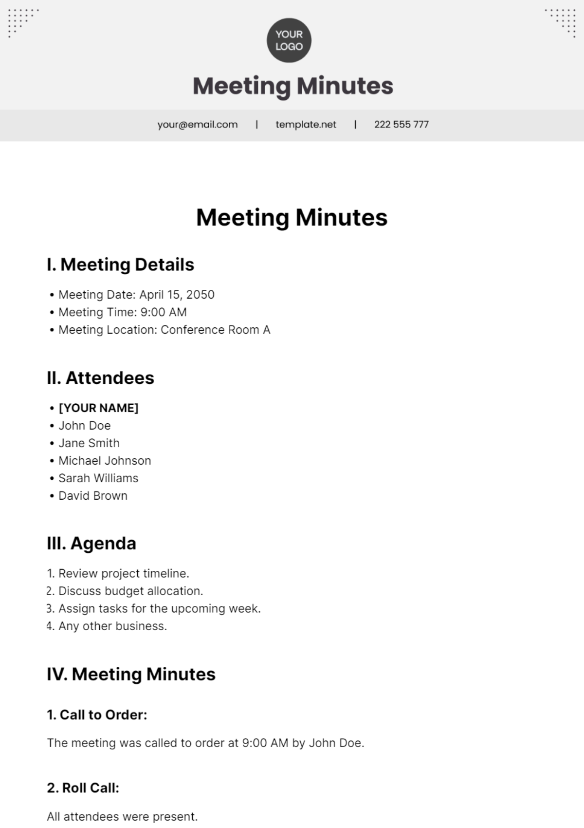 Free Minimalist Meeting Minutes Template To Edit Online