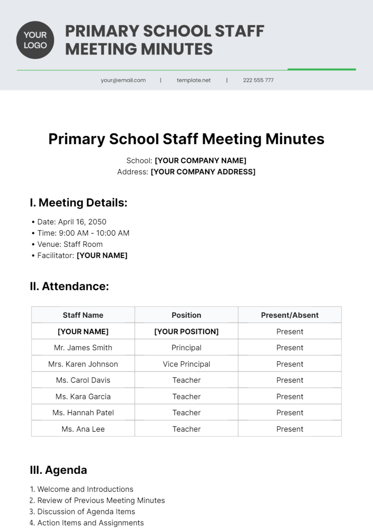 Primary School Staff Meeting Minutes Template - Edit Online & Download