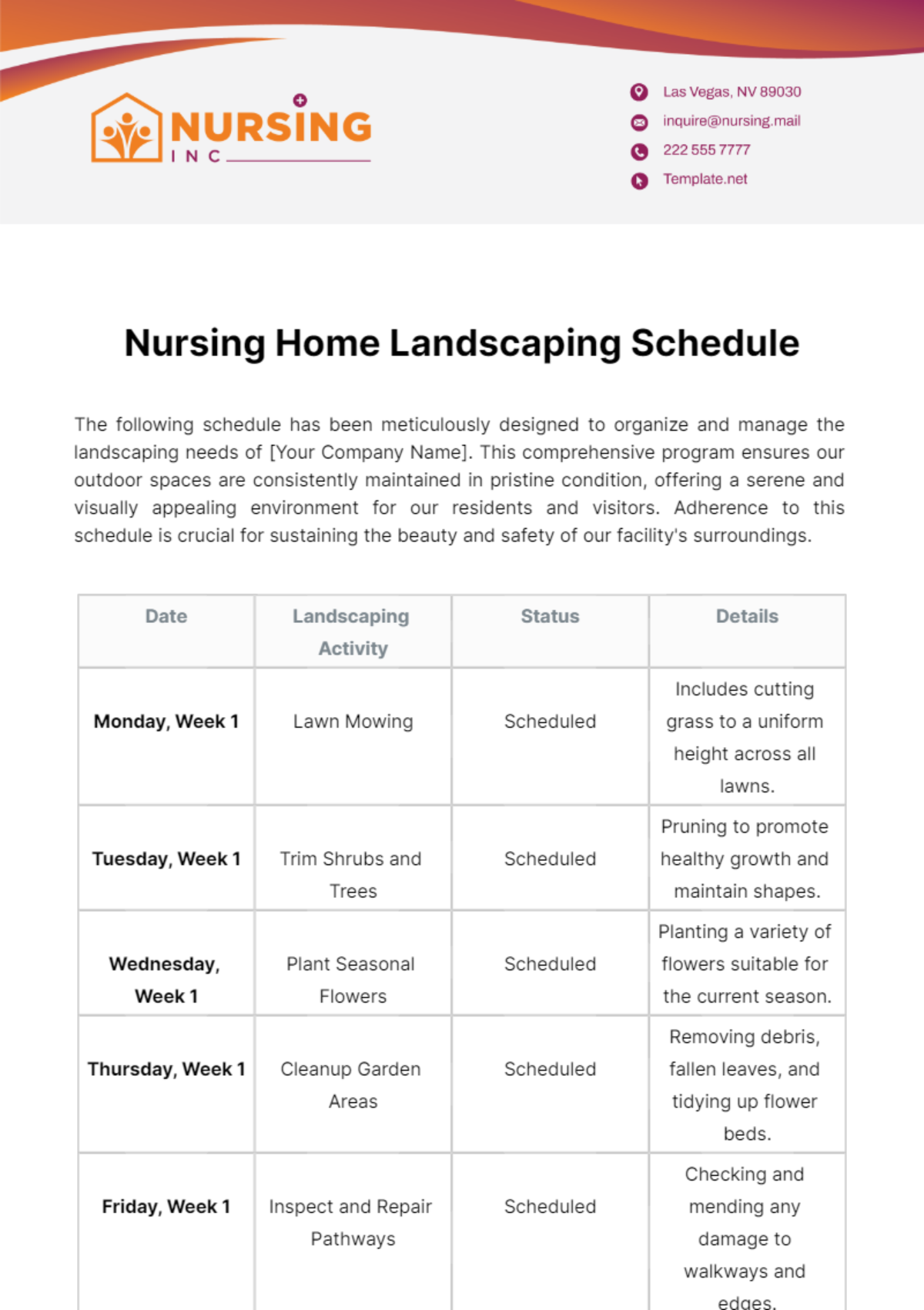 Nursing Home Landscaping Schedule Template