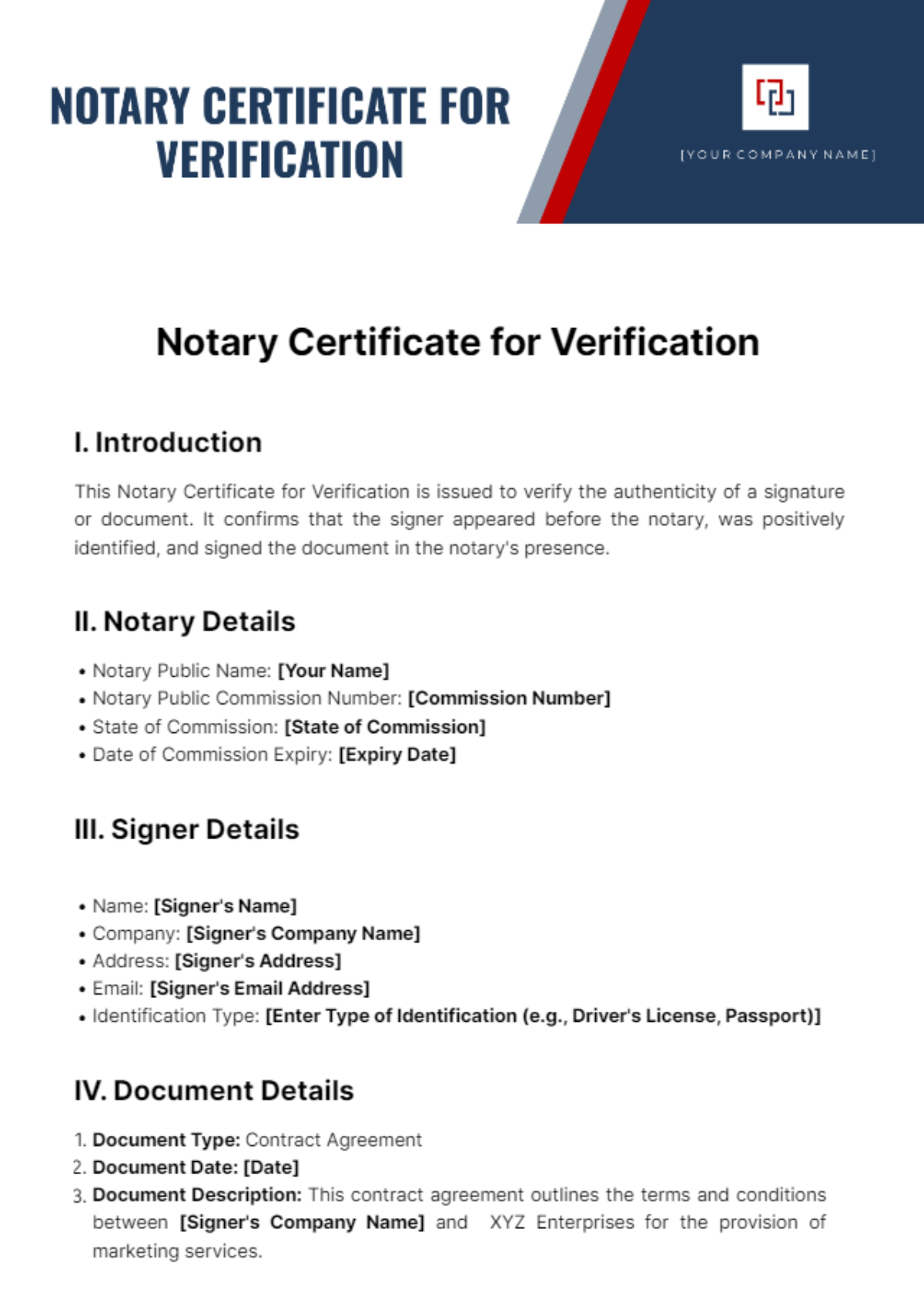 Notary Certificate For Verification Template