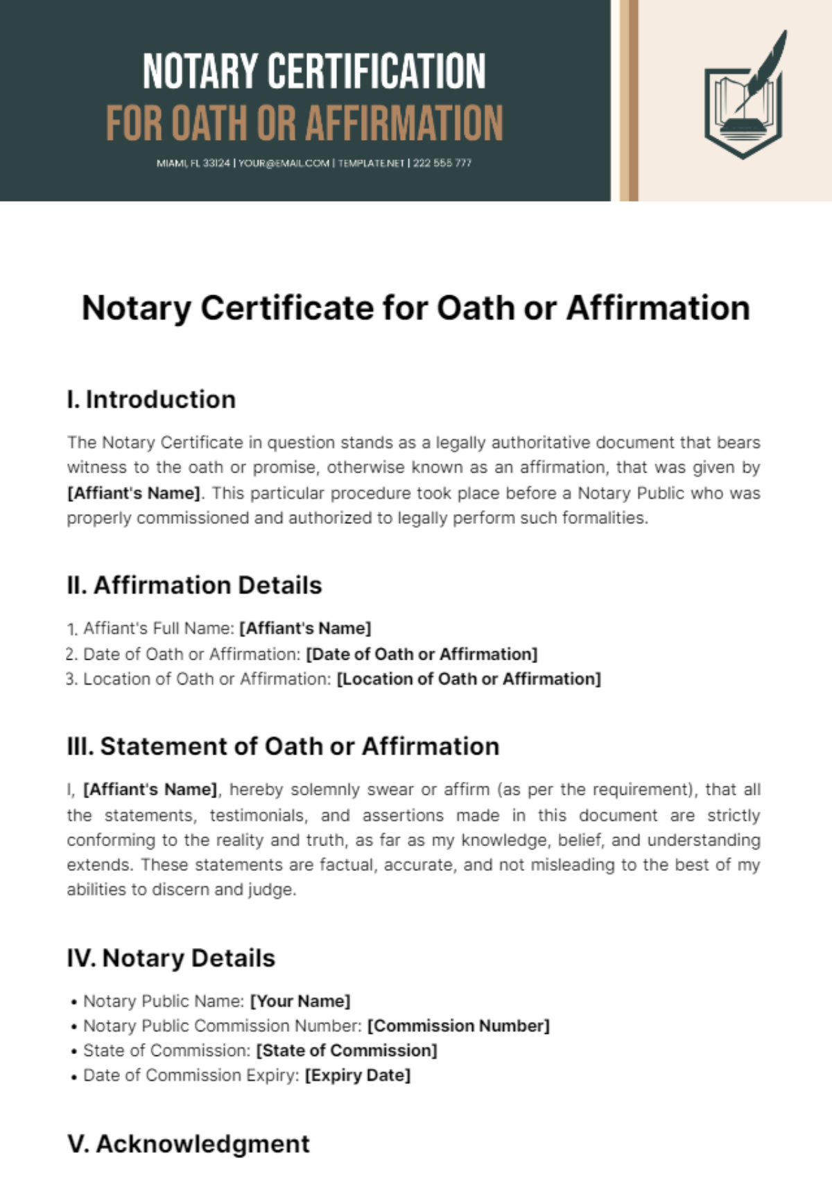 Notary Certificate For Oath Or Affirmation Template