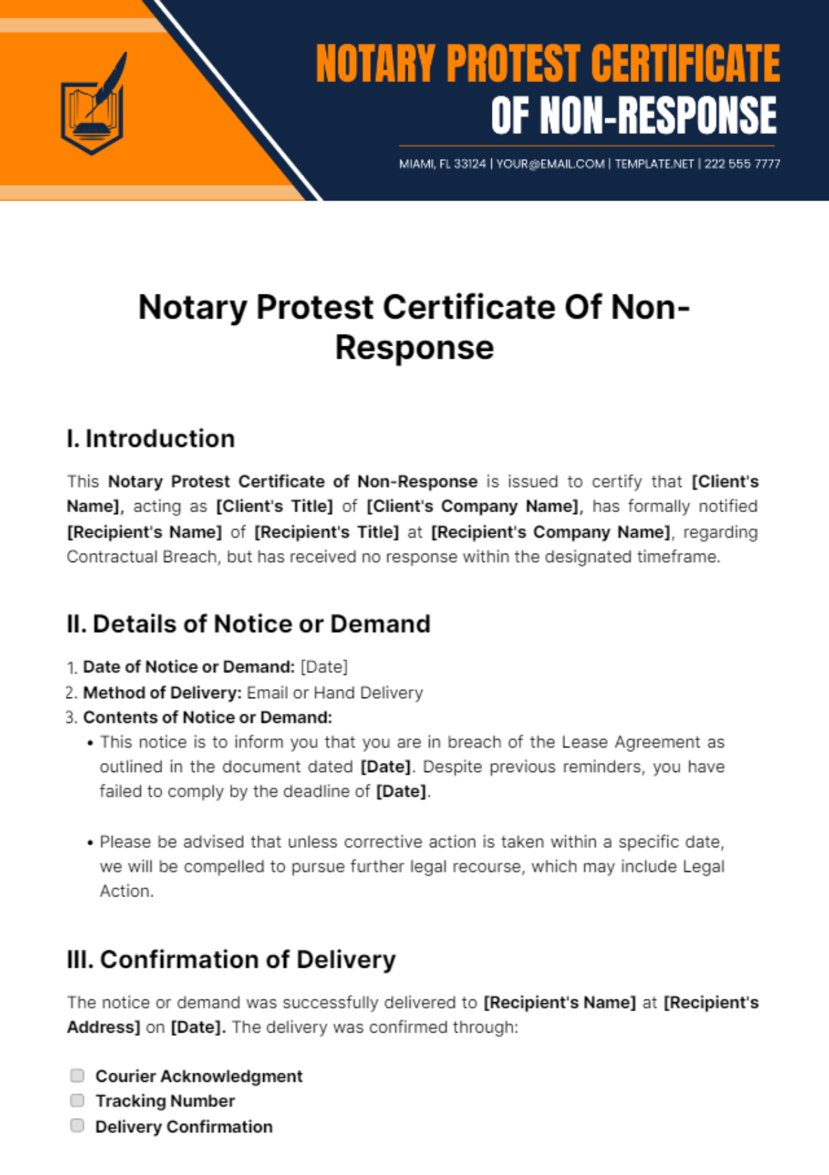 Notary Protest Certificate Of Non-Response Template