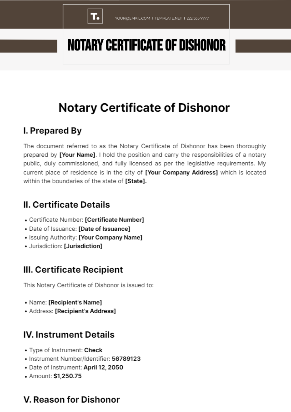Notary Certificate Of Dishonor Template