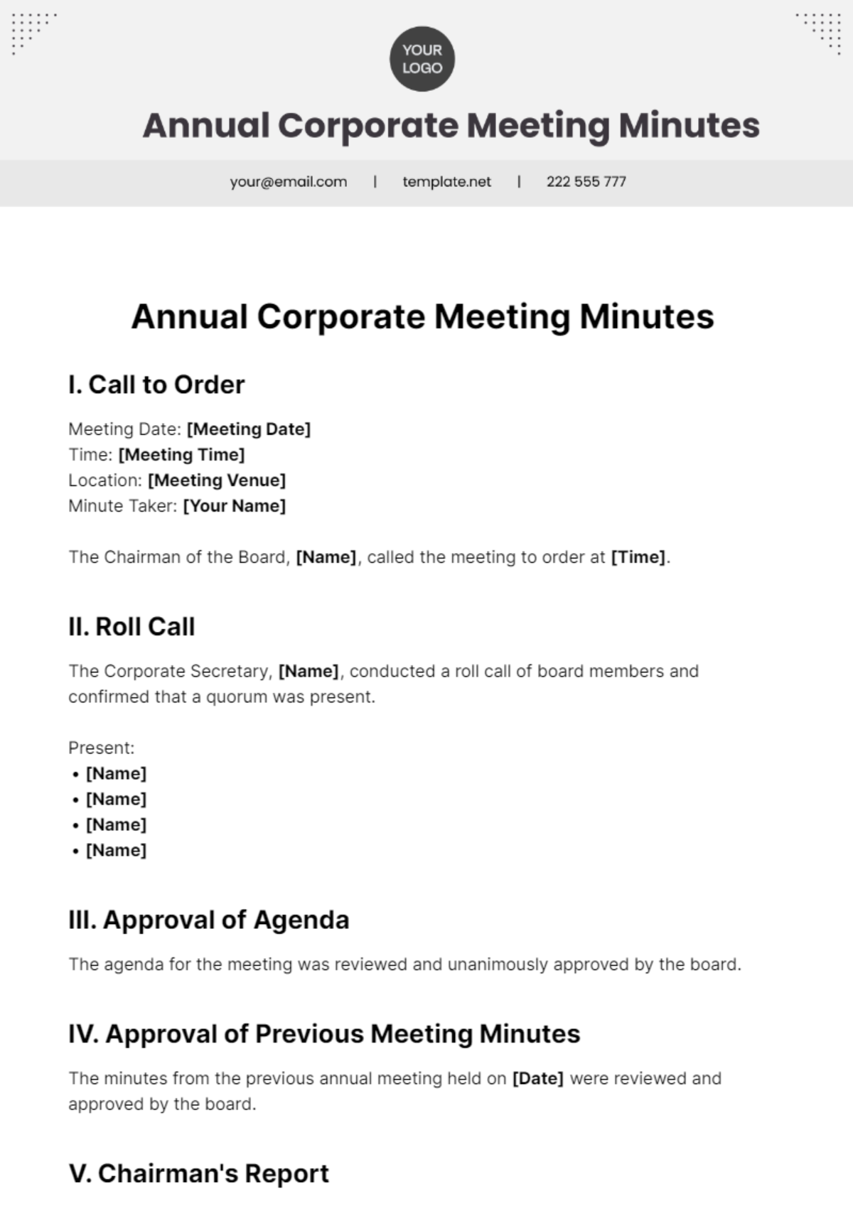 Annual Corporate Meeting Minutes Template - Edit Online & Download