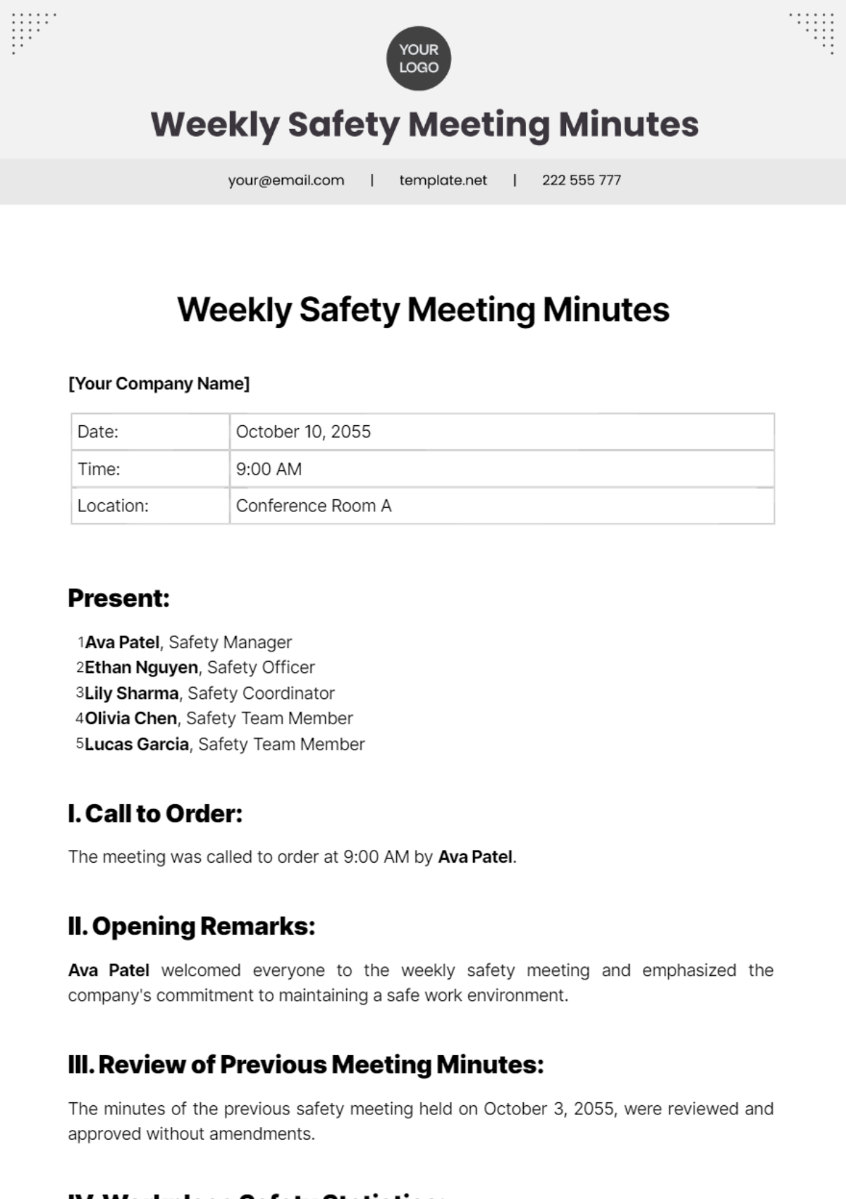 Weekly Safety Meeting Minutes Template - Edit Online & Download