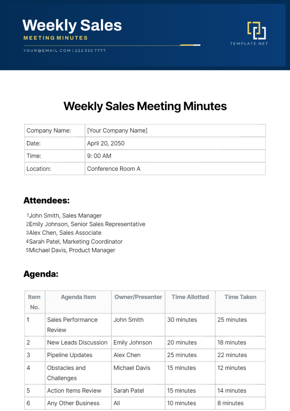 Weekly Sales Meeting Minutes Template - Edit Online & Download