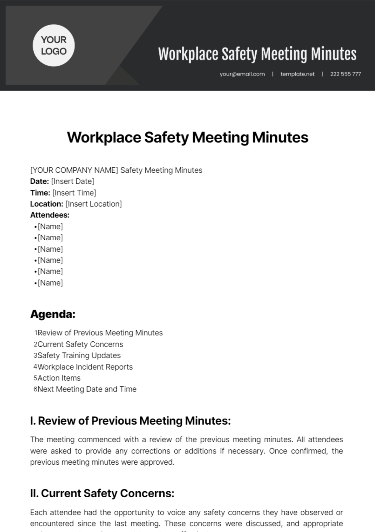 Workplace Safety Meeting Minutes Template - Edit Online & Download