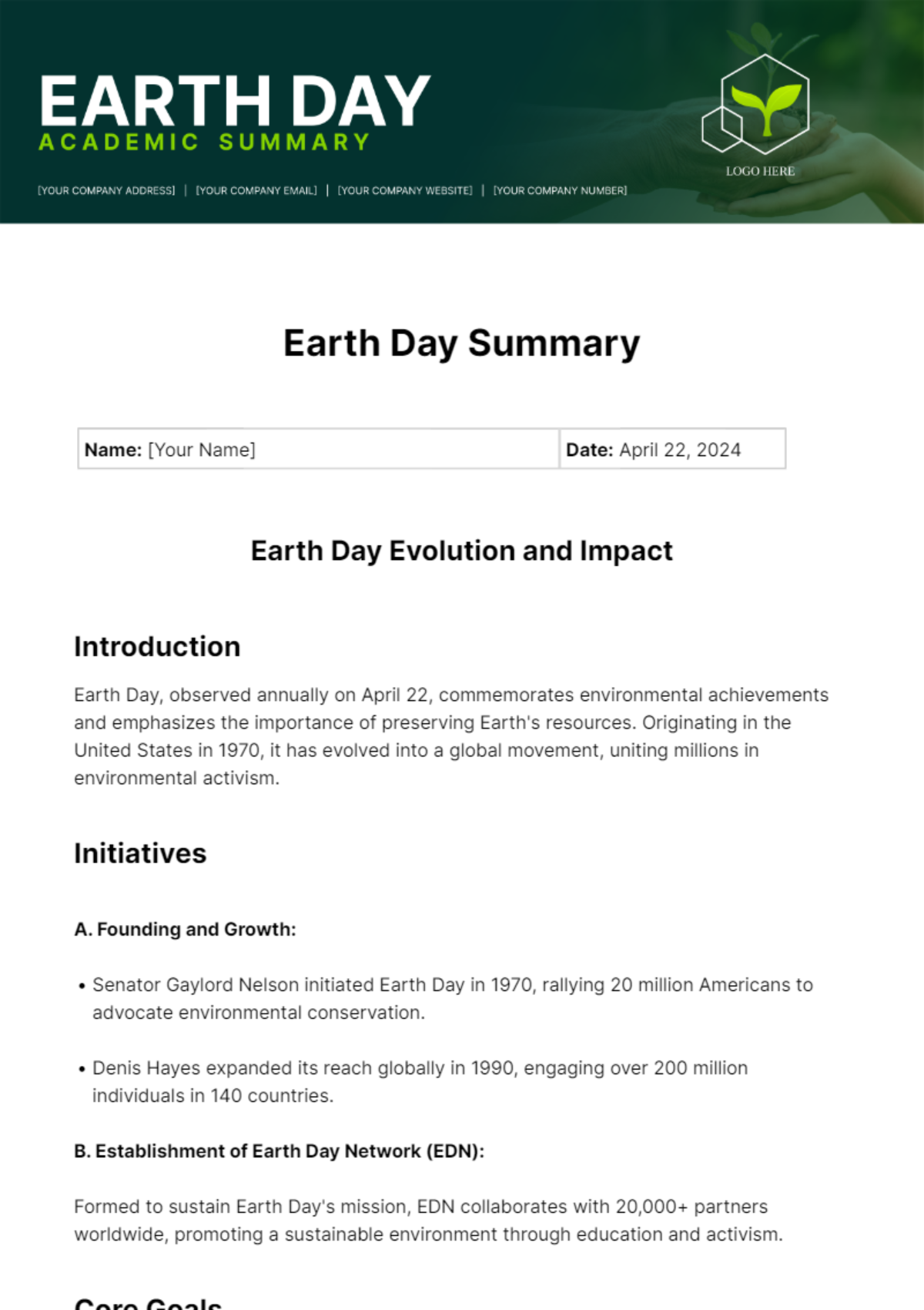 Free Earth Day Summary Template