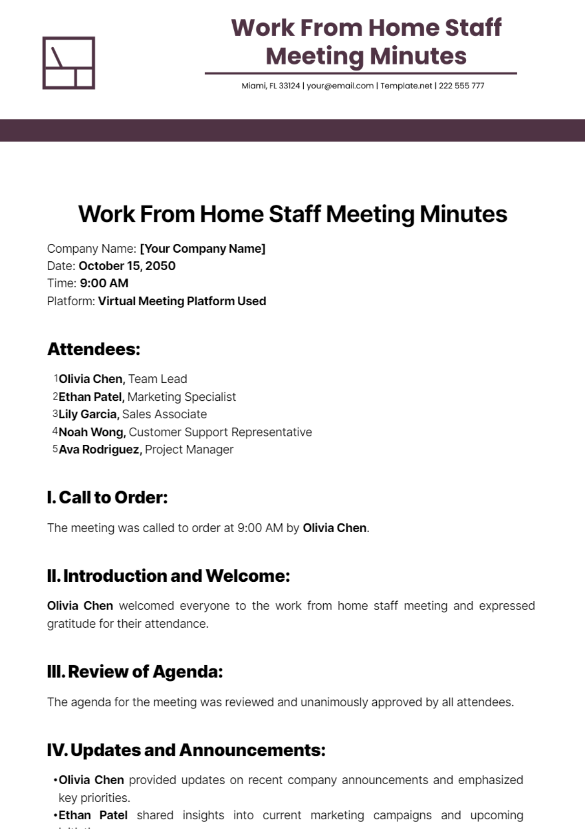 Work From Home Staff Meeting Minutes Template - Edit Online & Download