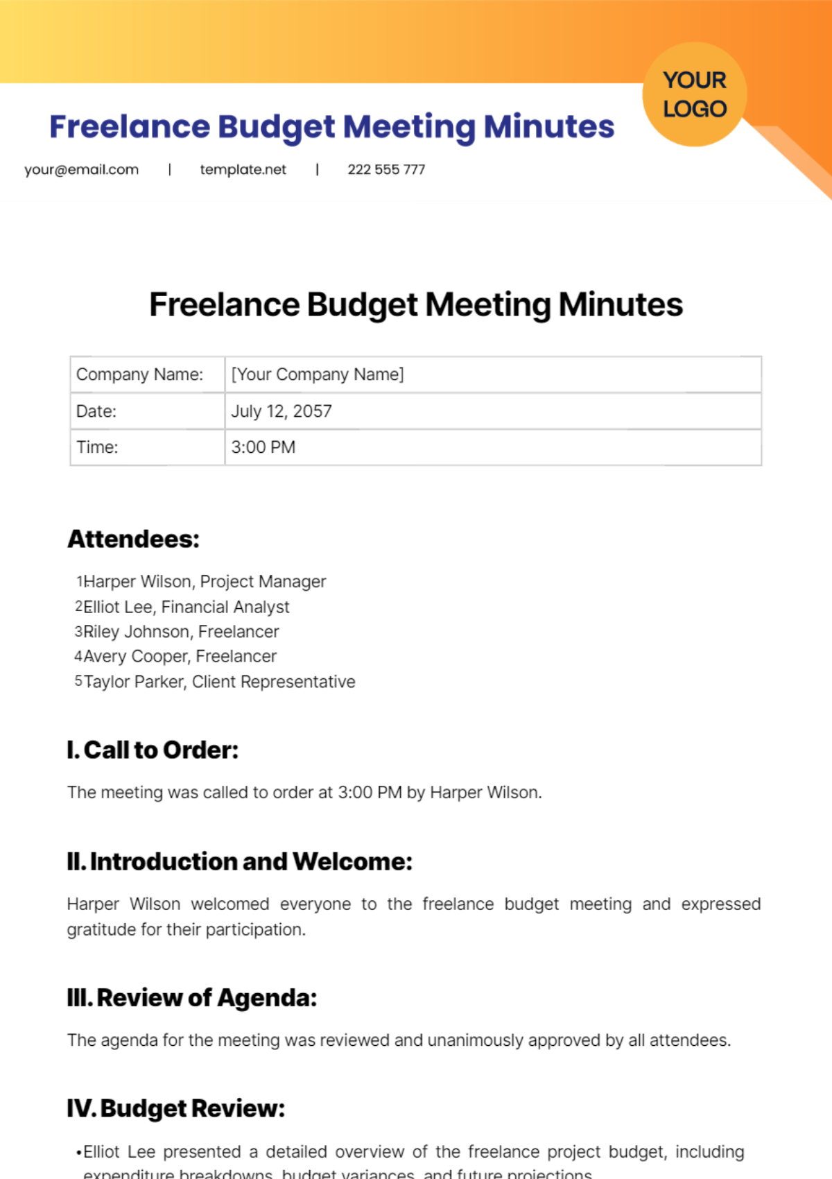 Freelance Budget Meeting Minutes Template - Edit Online & Download