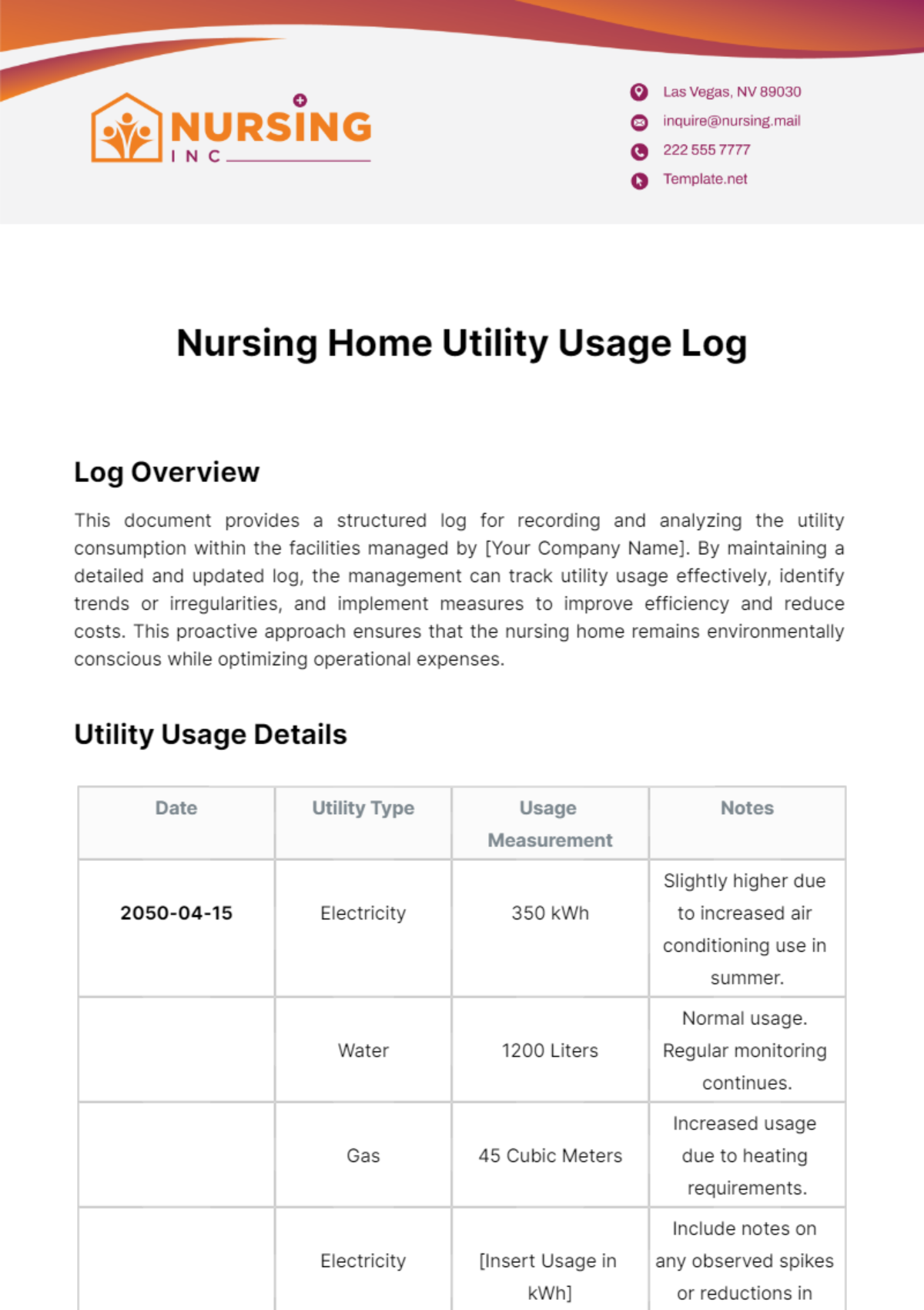 Nursing Home Utility Usage Log Template