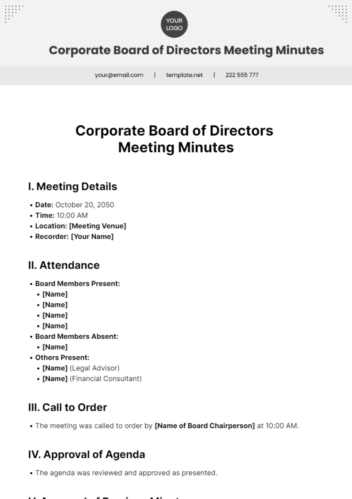 Corporate Board Of Directors Meeting Minutes Template - Edit Online & Download