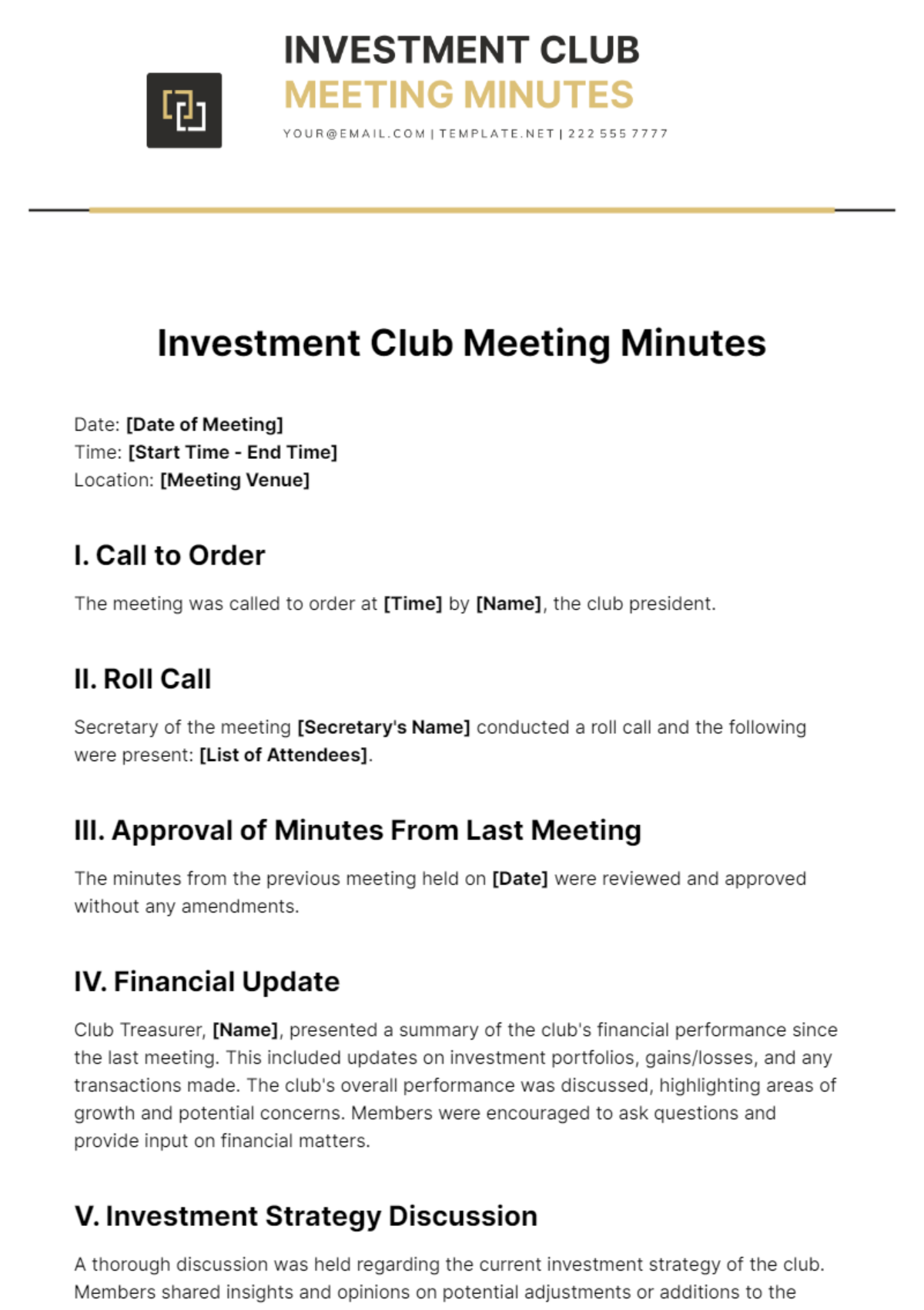 Investment Club Meeting Minutes Template - Edit Online & Download