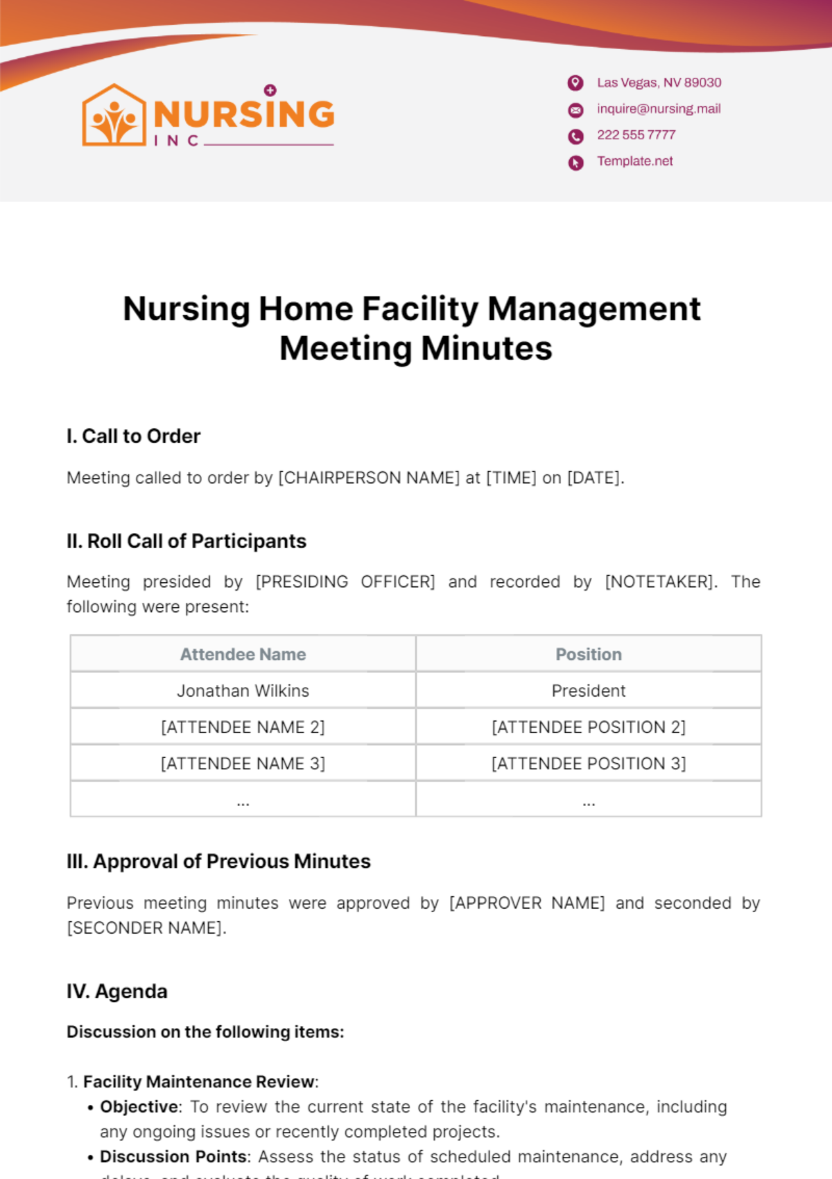 Nursing Home Facility Management Meeting Minute Template