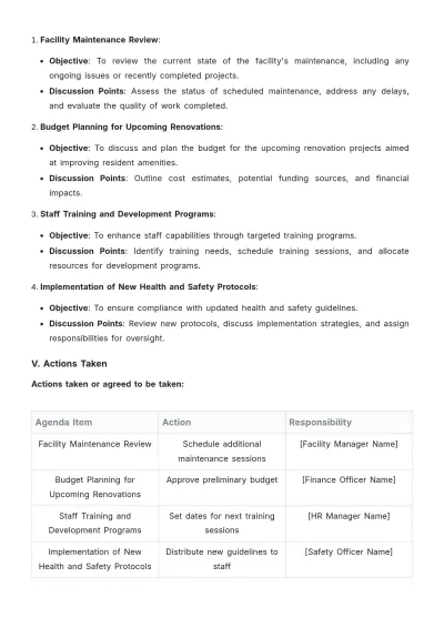 Free Nursing Home Facility Management Meeting Minute Template to Edit Online