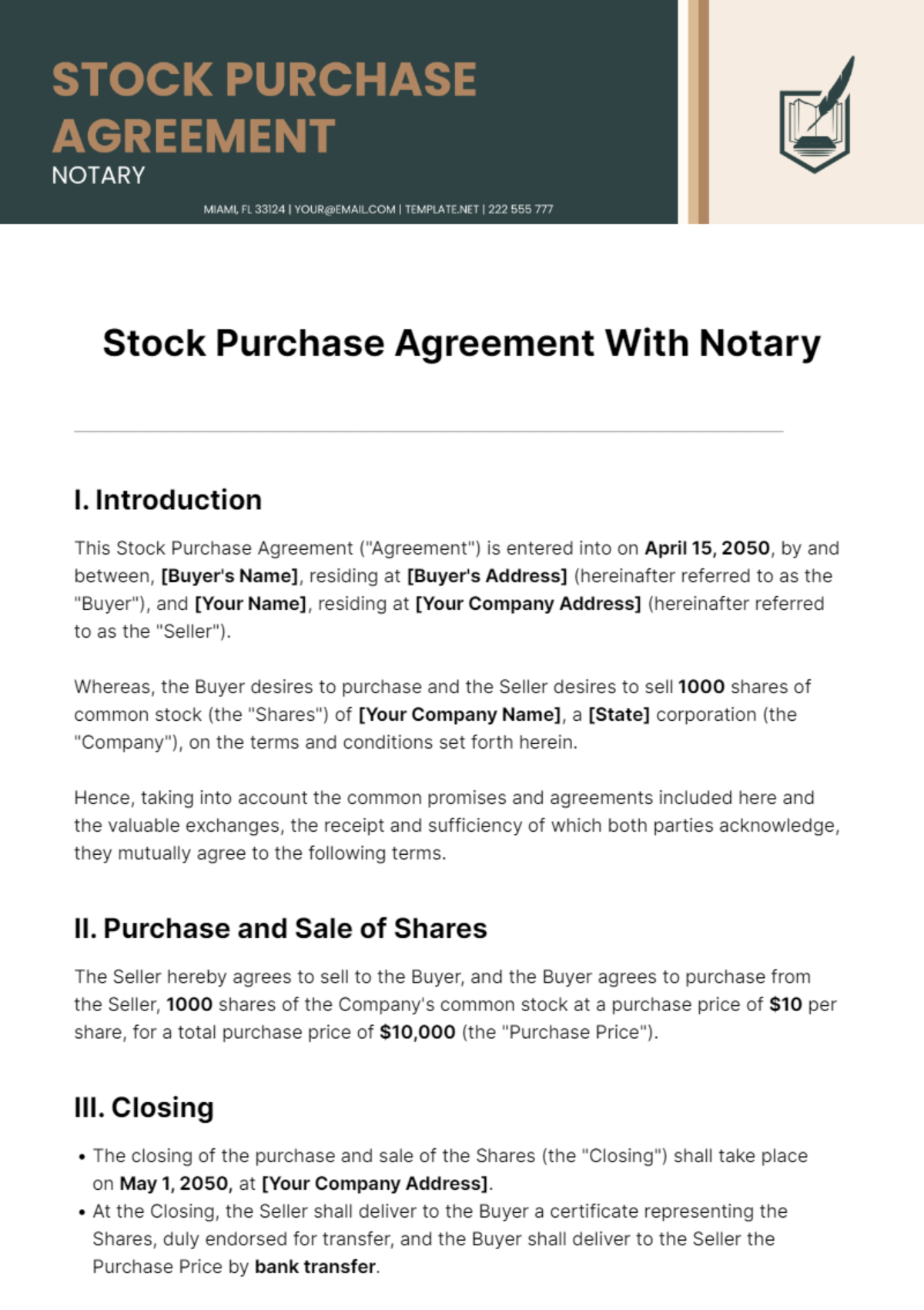 Free Stock Purchase Agreement With Notary Template