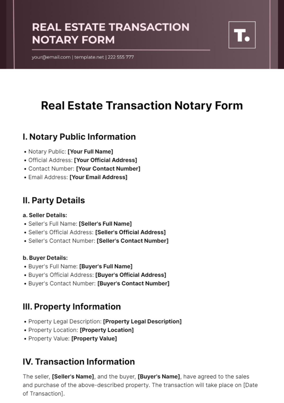 Free Real Estate Transaction Notary Form Template