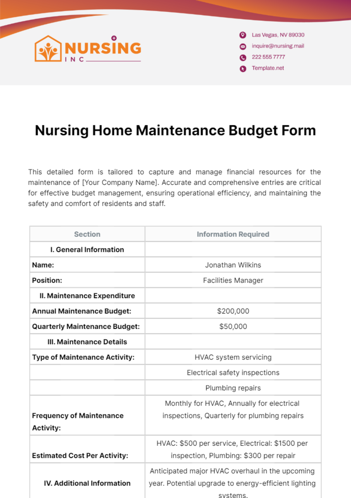 Nursing Home Maintenance Budget Form Template