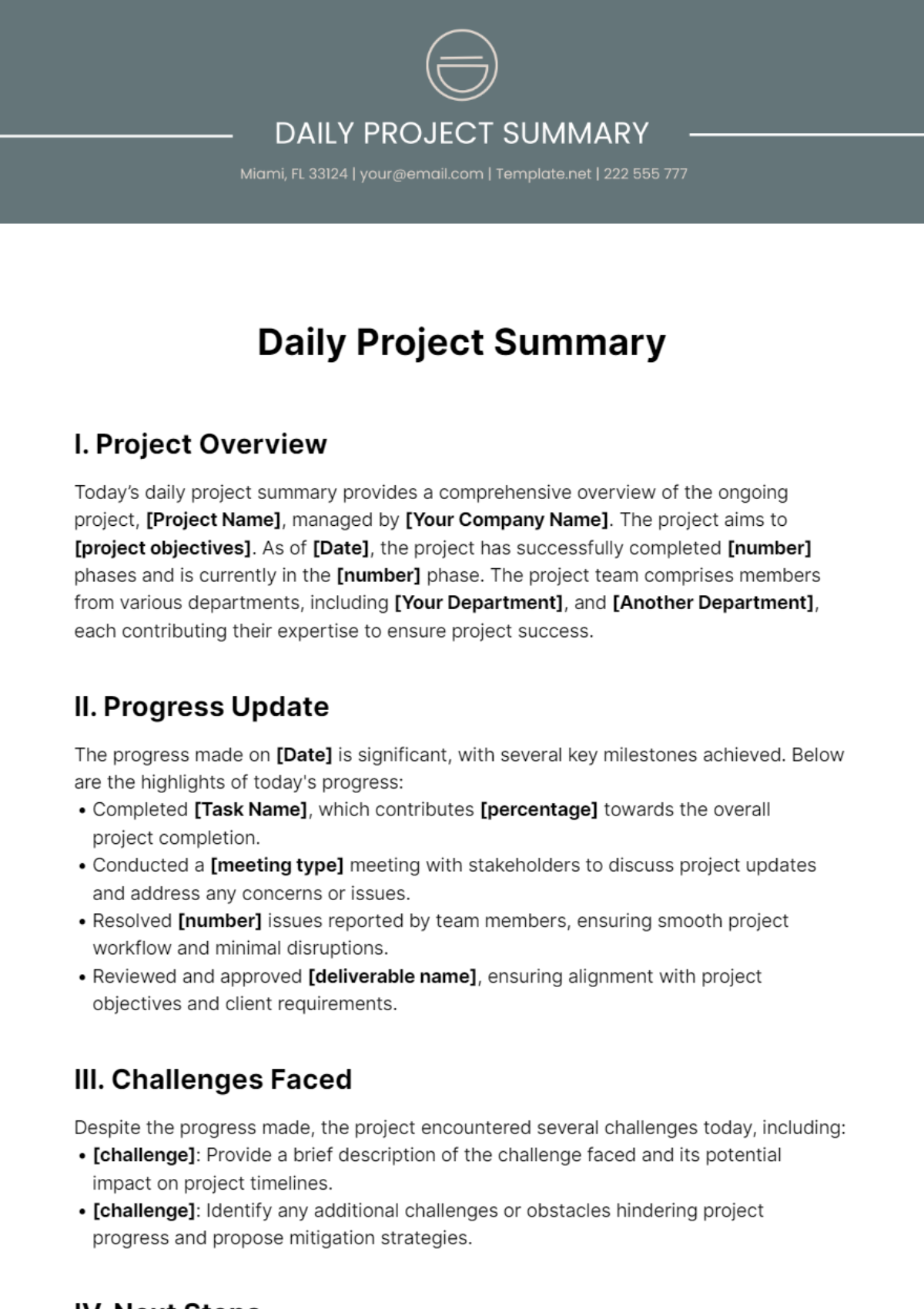 Free Daily Project Summary Template