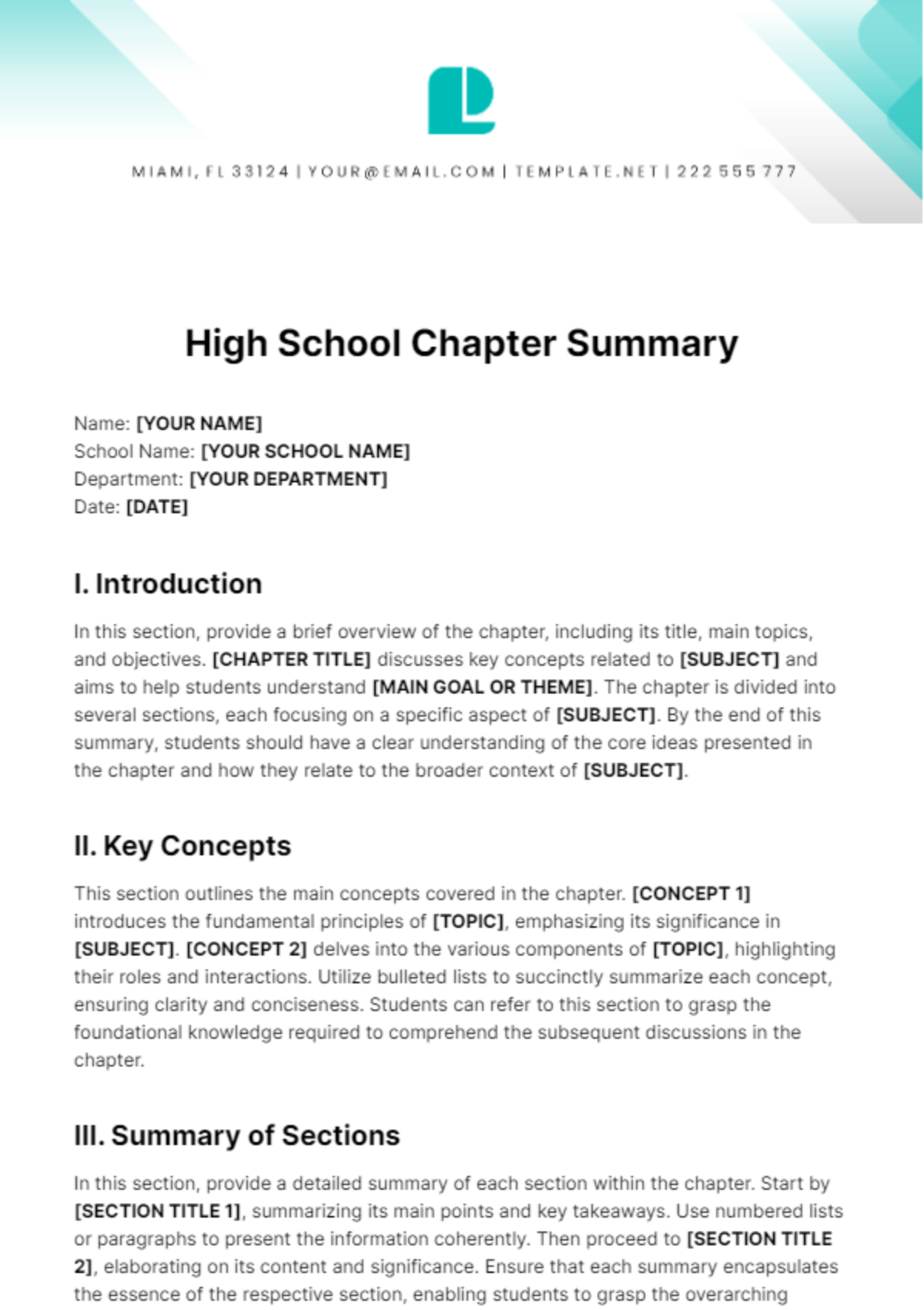 High School Chapter Summary Template