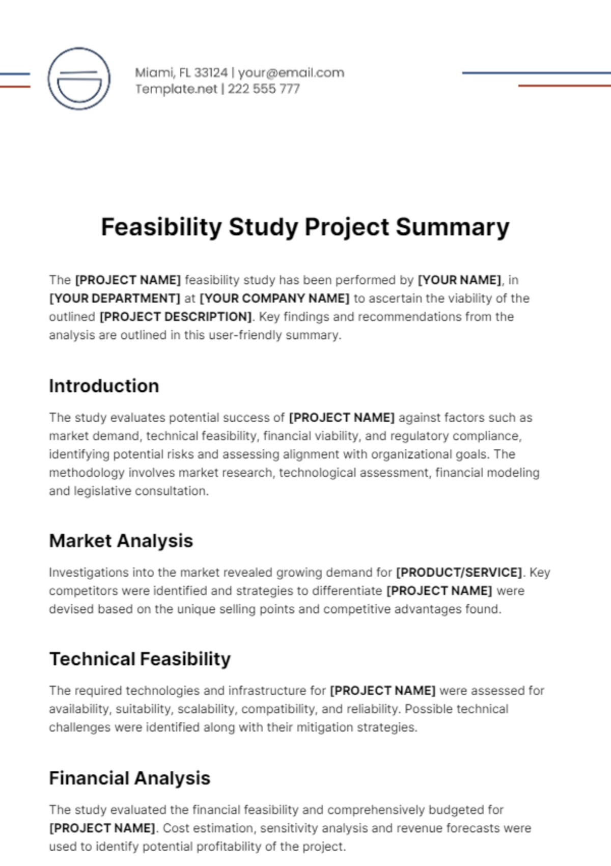 Free Feasibility Study Project Summary Template