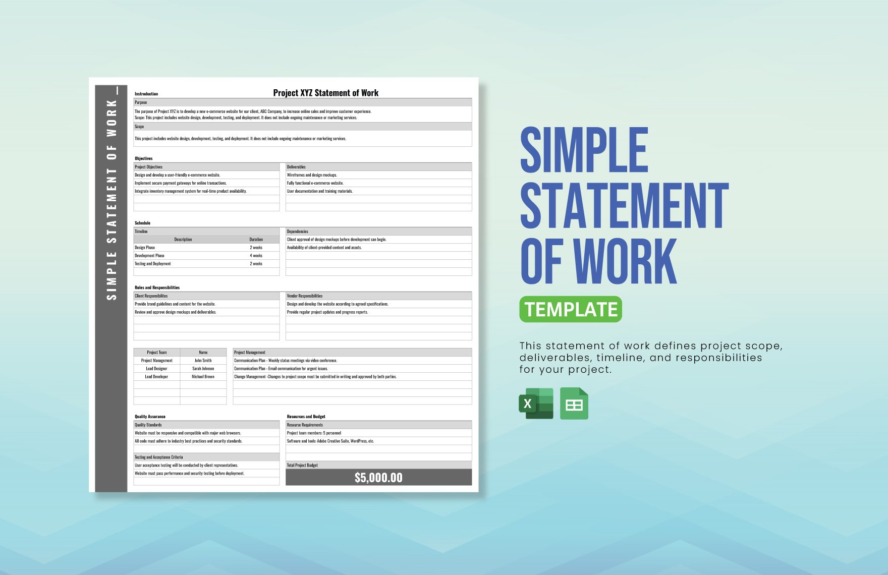 Simple Statement of Work Template in Excel, Google Sheets