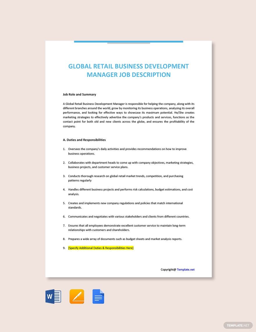 Global Retail Business Development Manager Job Description Template