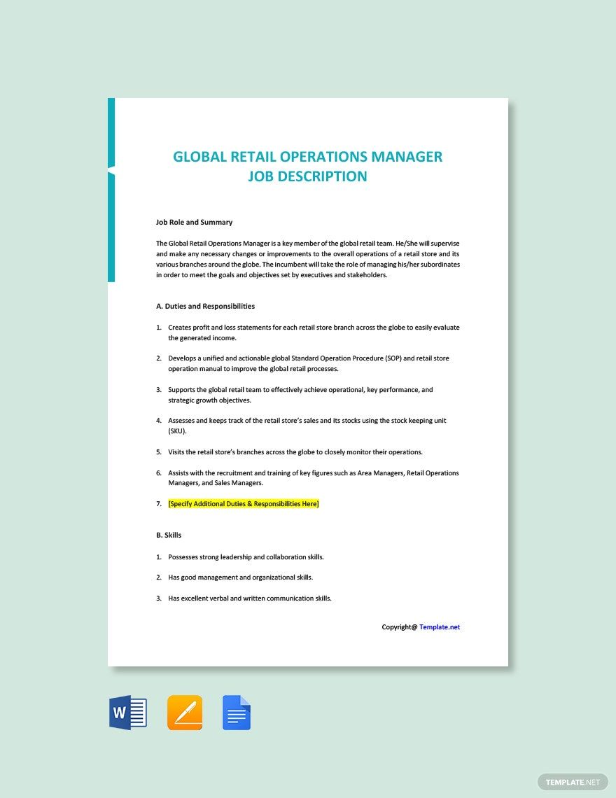 Global Retail Operations Manager Job Description Template